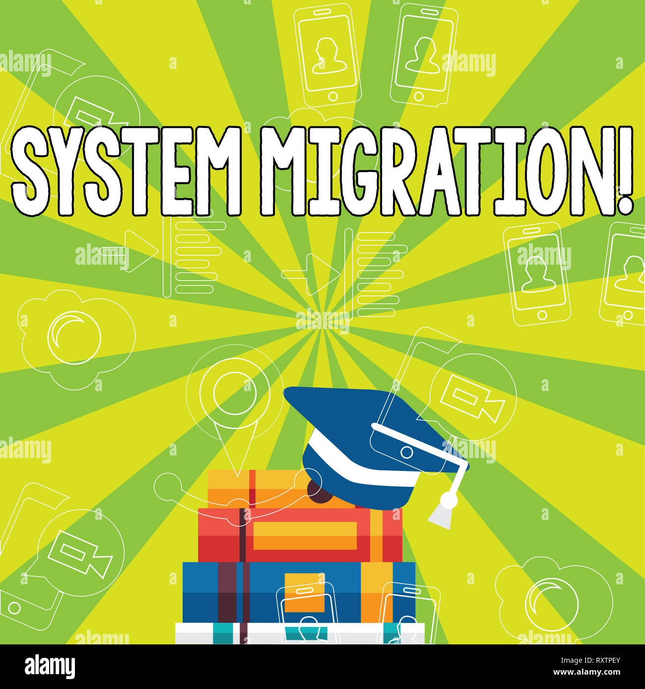 Writing note showing System Migration. Business concept for Moving programs to another platform Stock Photo