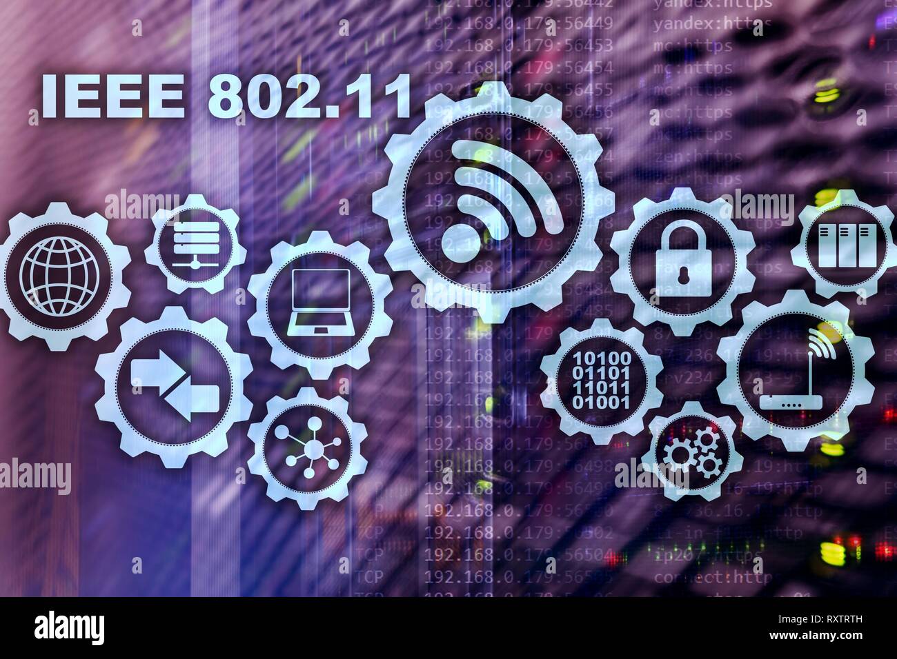 Wireless data transmission concept IEEE 802.11. Server background Stock