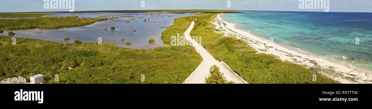 Wide Panoramic Landscape View Punta Sur Ecological Park Caribbean Tropical Beach from Top of Faro Celarain Lighthouse Cozumel Mexico Yucatan Peninsula Stock Photo