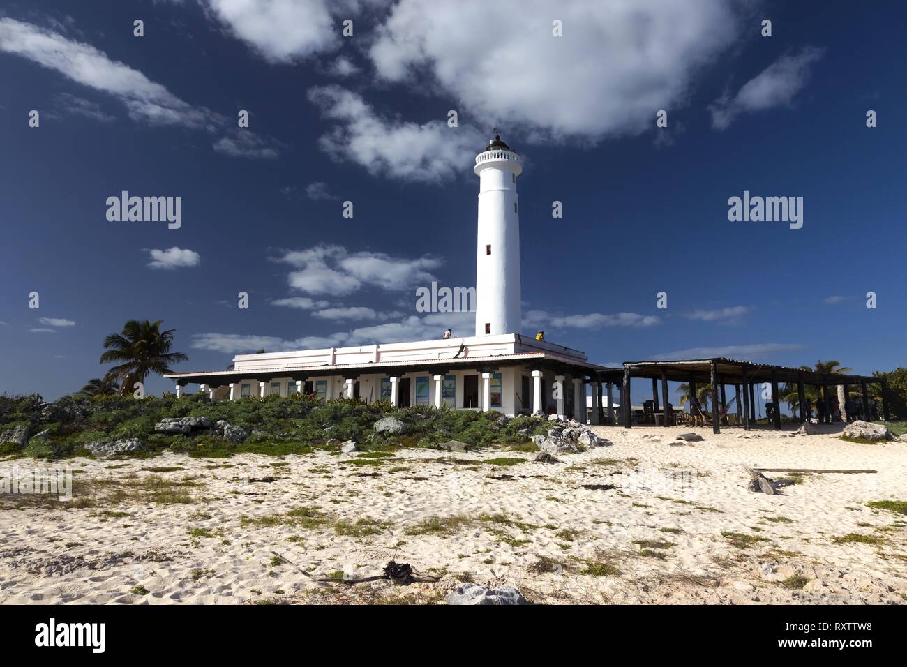 Faro Celarain Lighthouse and Tropical Beach Landscape in Punta Sur Ecological Reserve Natural Park on Southern Tip of Cozumel Island in Mexico Stock Photo