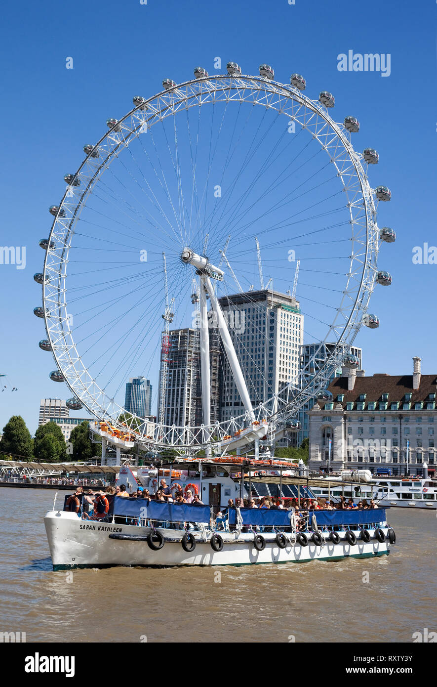 Popular tourist attraction, the London Eye is a giant ferris wheel on the south bank of River Thames. London, United Kingdom Stock Photo