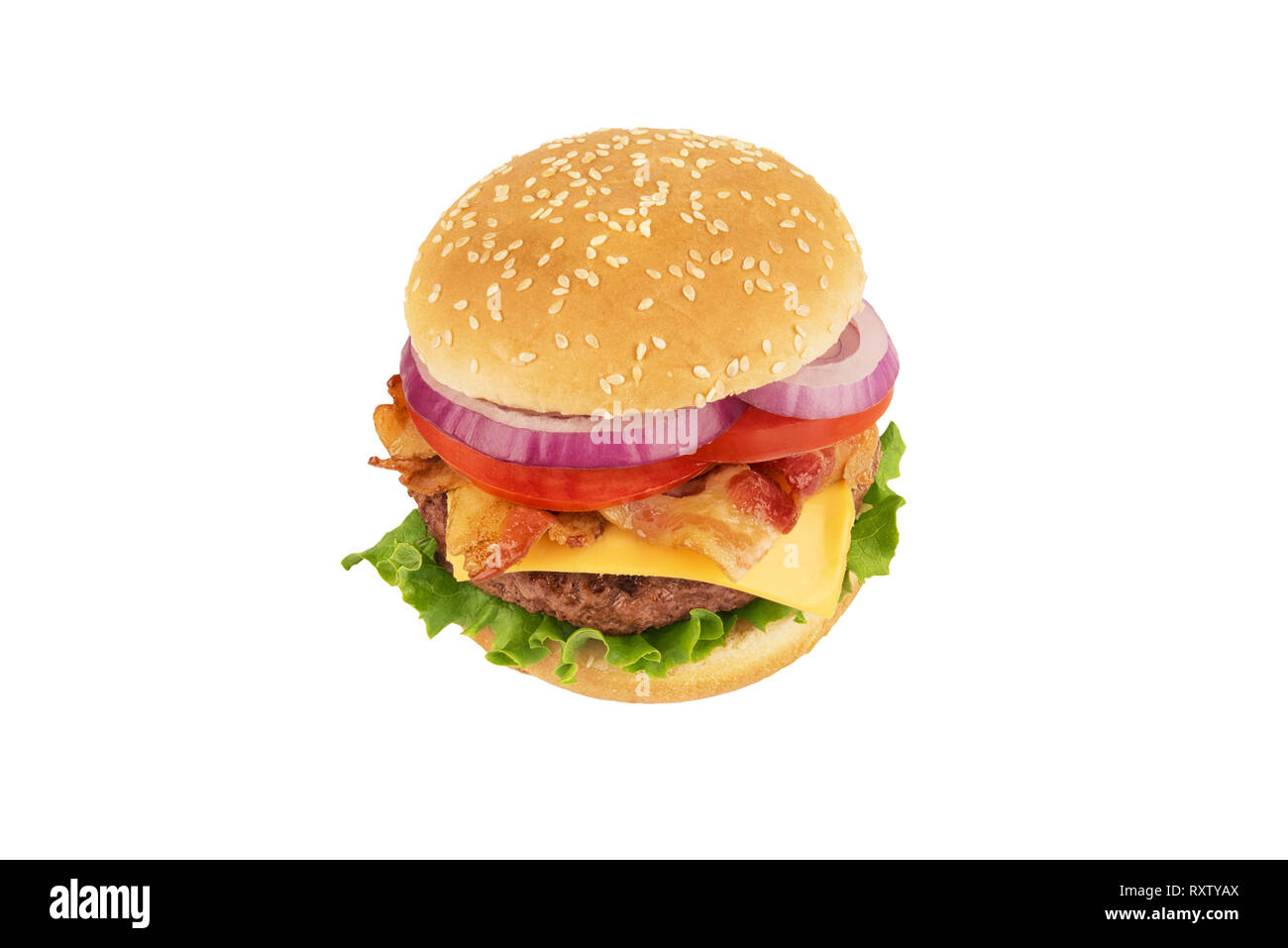 Cheeseburger with bacon, isolated on white background. American cuisine concept. Cut out. Stock Photo