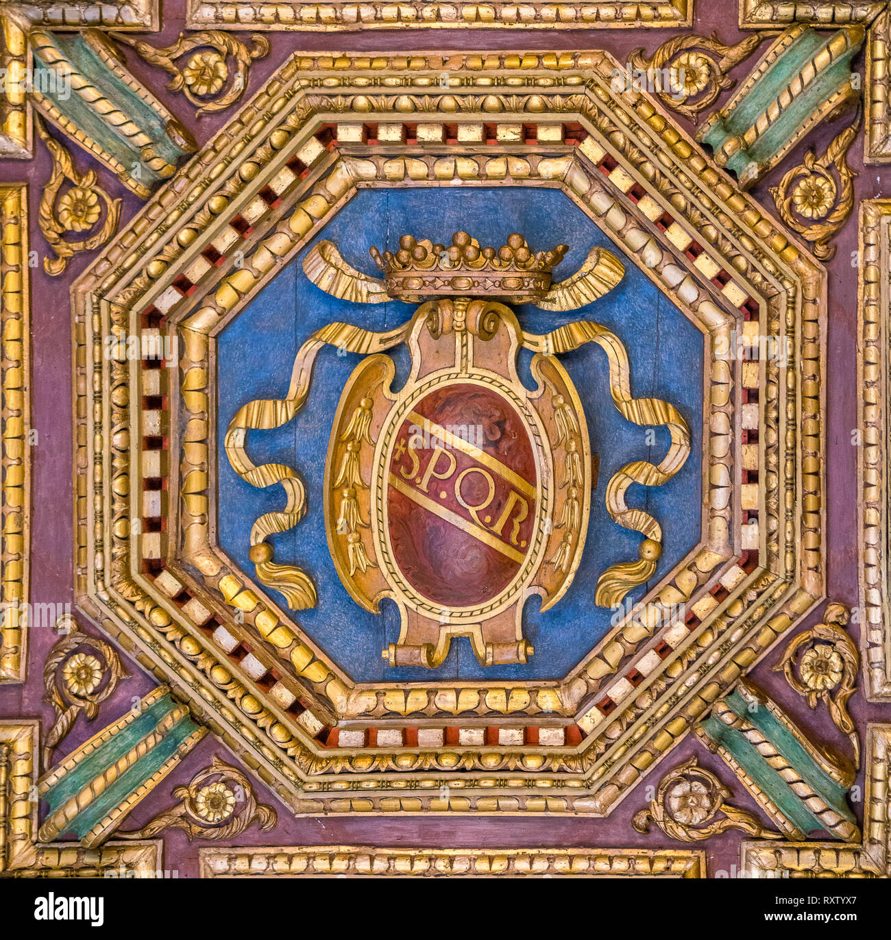 Wooden decoration with SPQR coat of arms in the ceiling of the Capitoline Museums in Rome, Italy. Stock Photo
