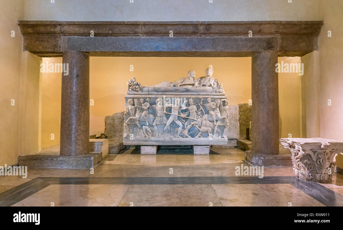 Ancient marble sarcophagus in the Capitoline Museums in Rome, Italy. Stock Photo