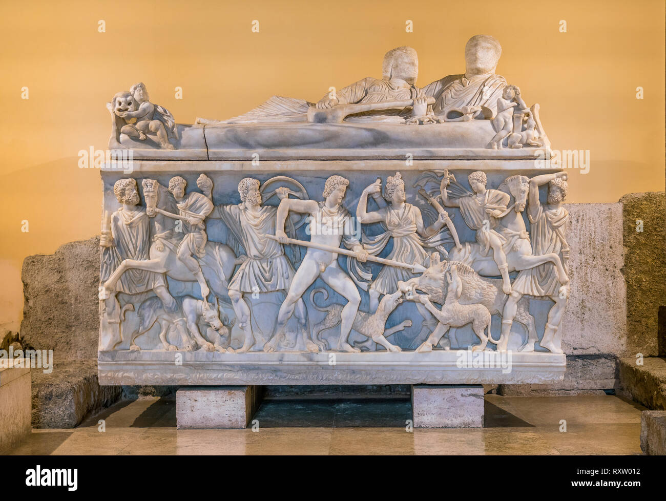 Ancient marble sarcophagus in the Capitoline Museums in Rome, Italy. Stock Photo