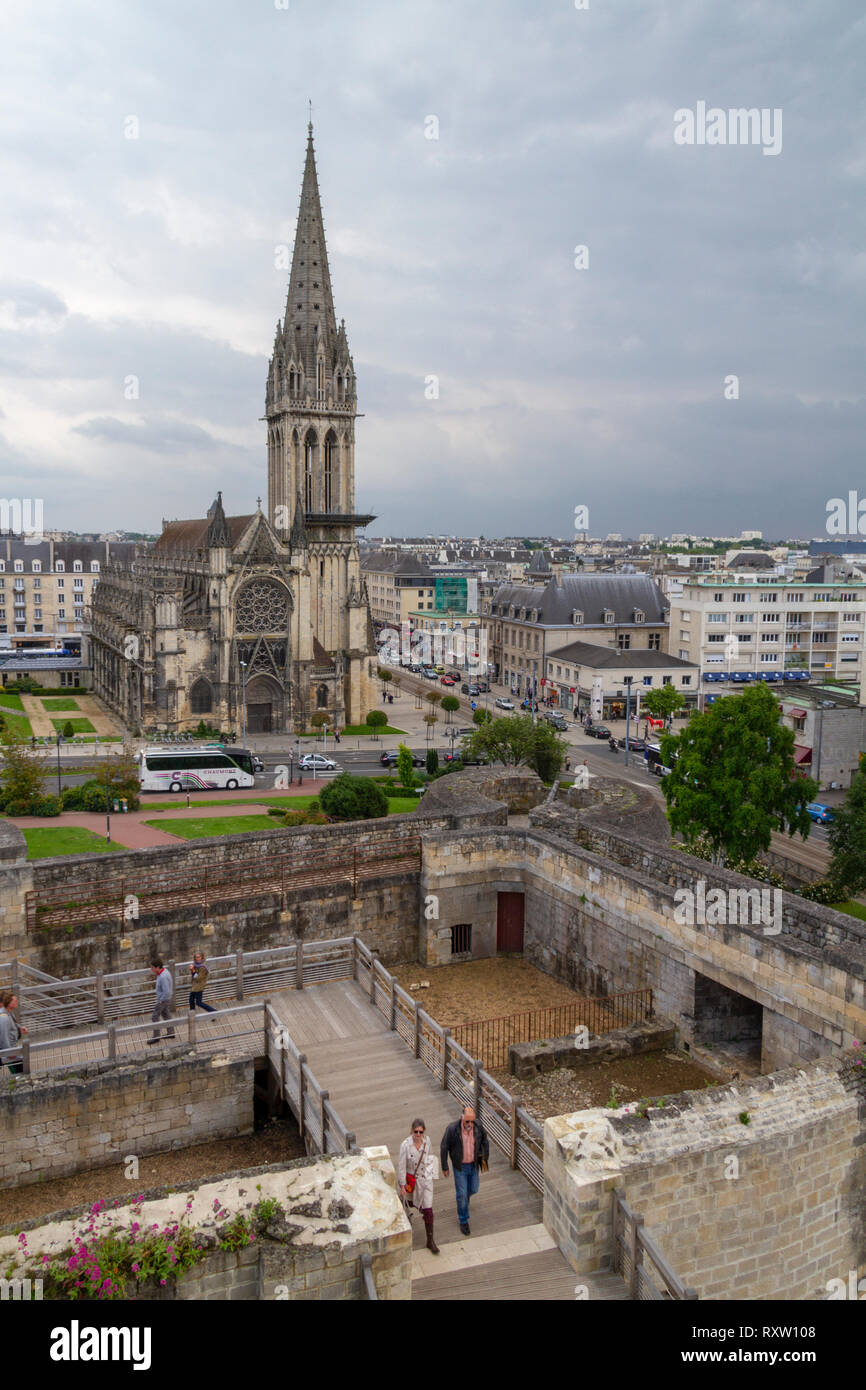 View over the Barbacane de la Porte Saint Pierre, Caen Castle towards St Peters Catholic Church and the city of Caen, Normandy, France. Stock Photo