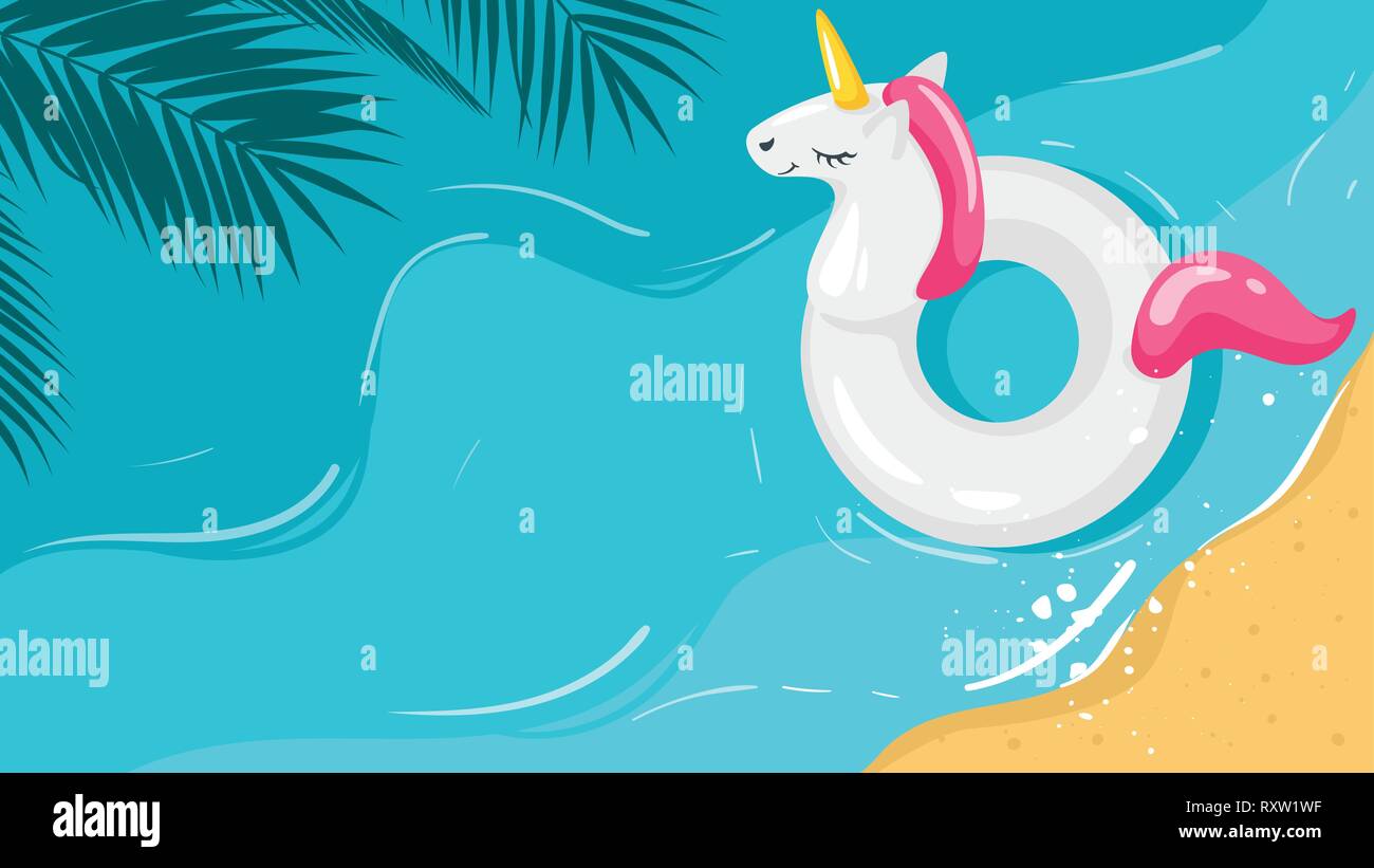 Vector cartoon style background of sea shore. Unicorn inflatable ring in water. Good sunny day. Palm leaves in the corner. Vector illustration. View f Stock Vector