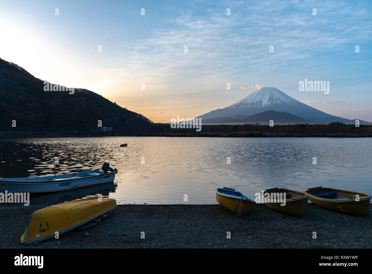 Mount Fuji ( Mt. Fuji ) in the morning day with reflection on sunrise time Stock Photo