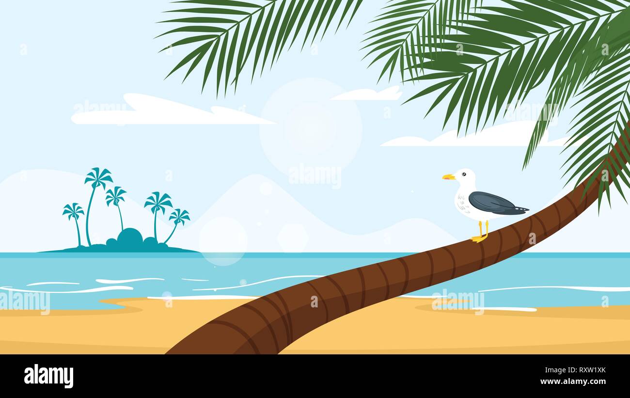 Vector cartoon style background of sea shore. Good sunny day. Seagull is standing on the palm tree. Vector illustration. Stock Vector