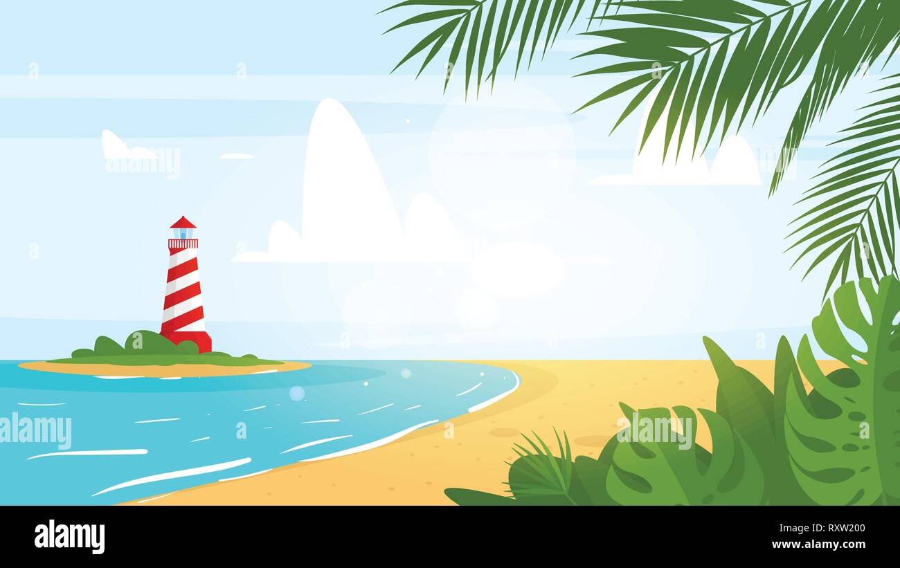 Vector cartoon style background of sea shore with floral palm leaves in the corner. Good sunny day. Lighthouse on the island far away. Vector illustra Stock Vector