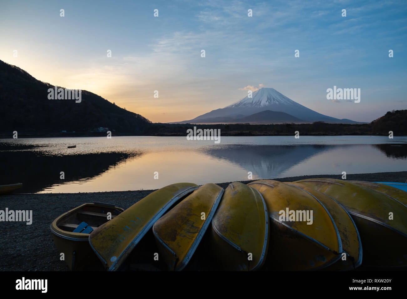 Mount Fuji ( Mt. Fuji ) in the morning day with reflection on sunrise time Stock Photo