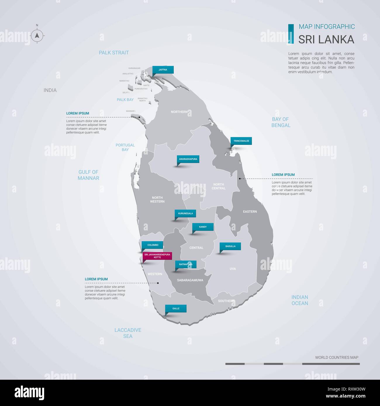 Sri Lanka vector map with infographic elements, pointer marks. Editable template with regions, cities and capital Sri Jayawardenepura Kotte. Stock Vector