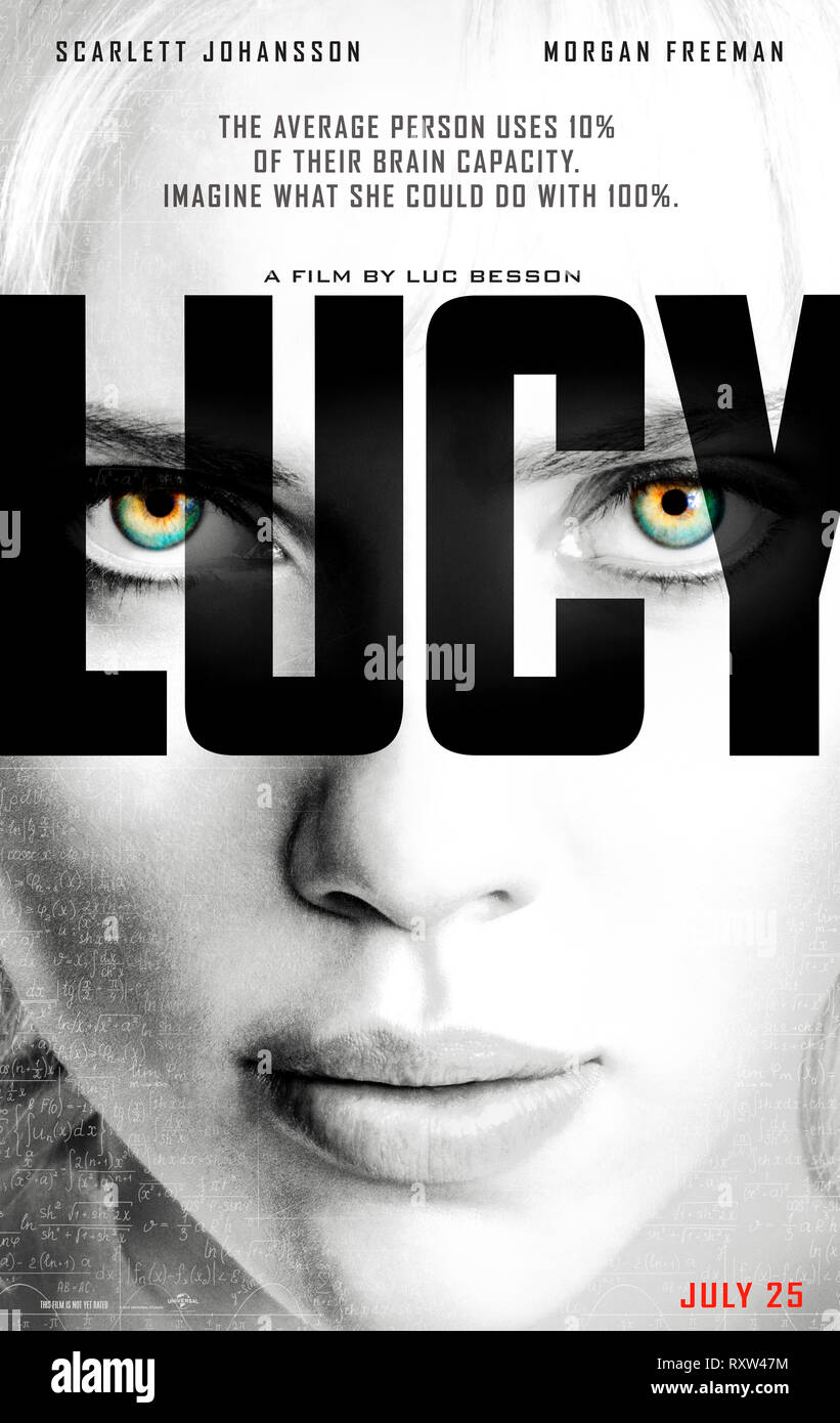 Lucy (2014) directed by Luc Besson and starring Scarlett Johansson, Morgan Freeman and Min-sik Choi. The average person uses 10% of their brain capacity. Imagine what she could do with 100%. Stock Photo