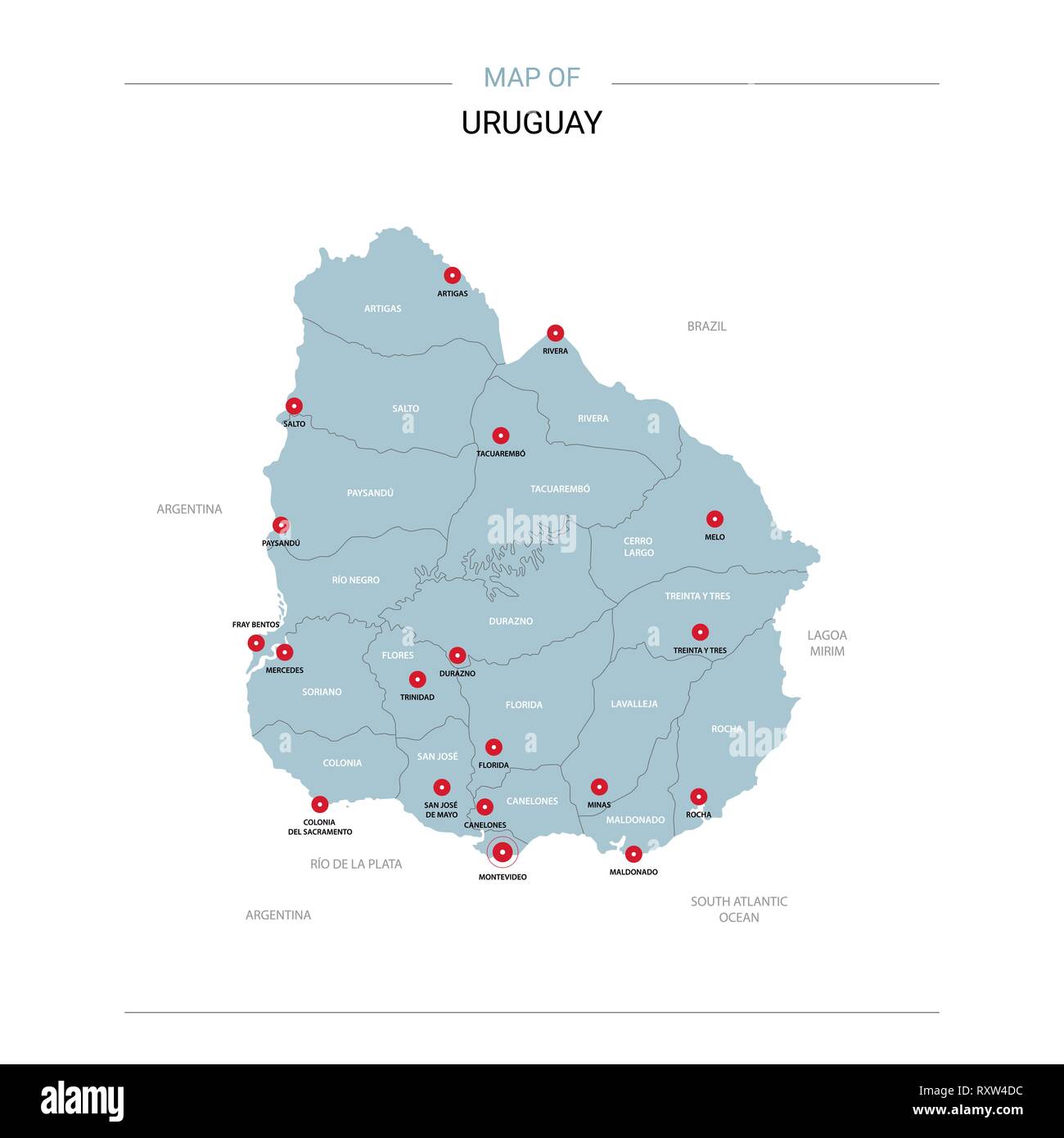 Uruguay vector map Editable template - Uruguay Vector Map Editable Template With Regions Cities Red Pins And Blue Surface On White Background RXW4DC 