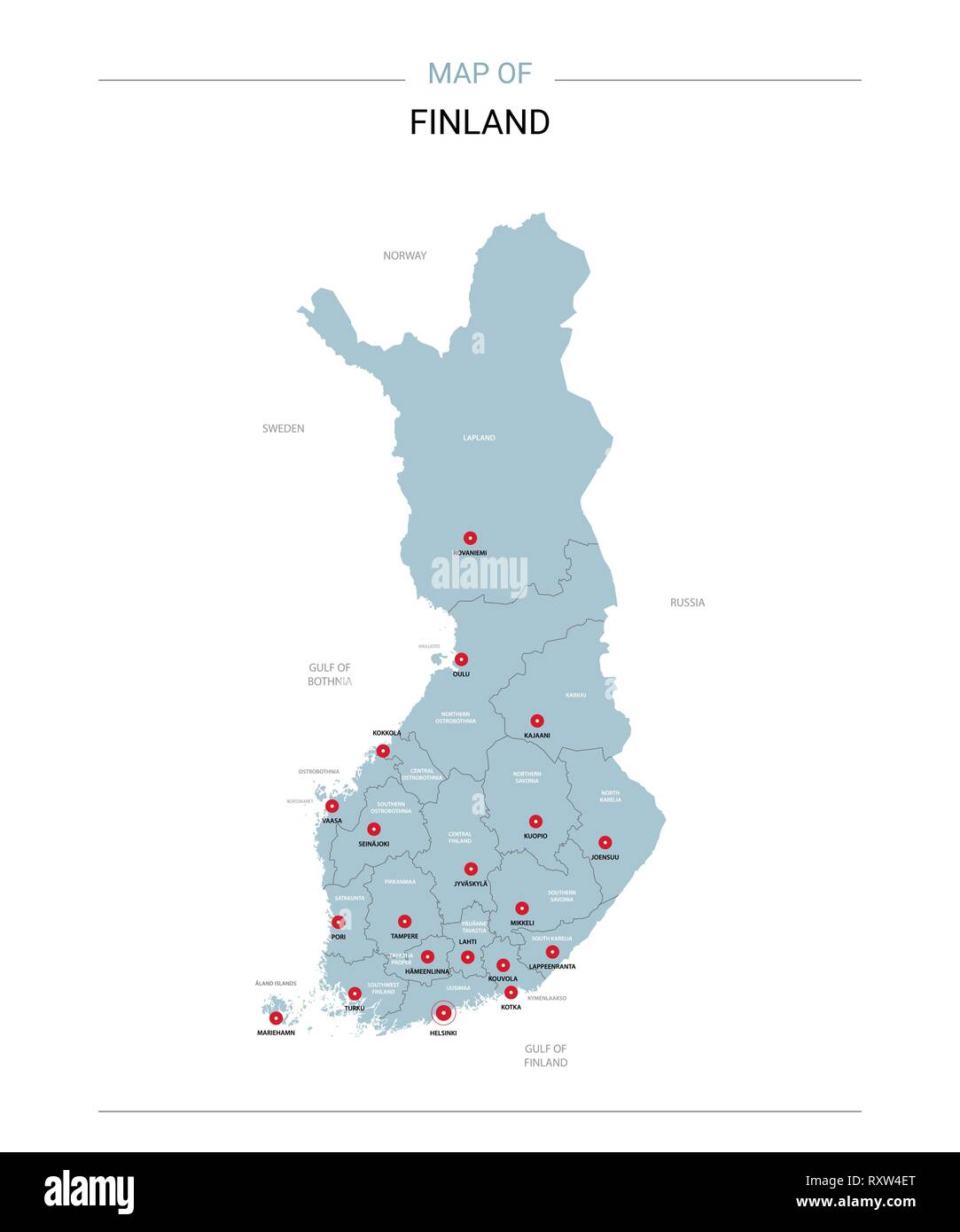 Finland vector map Editable template - Finland Vector Map Editable Template With Regions Cities Red Pins And Blue Surface On White Background RXW4ET 