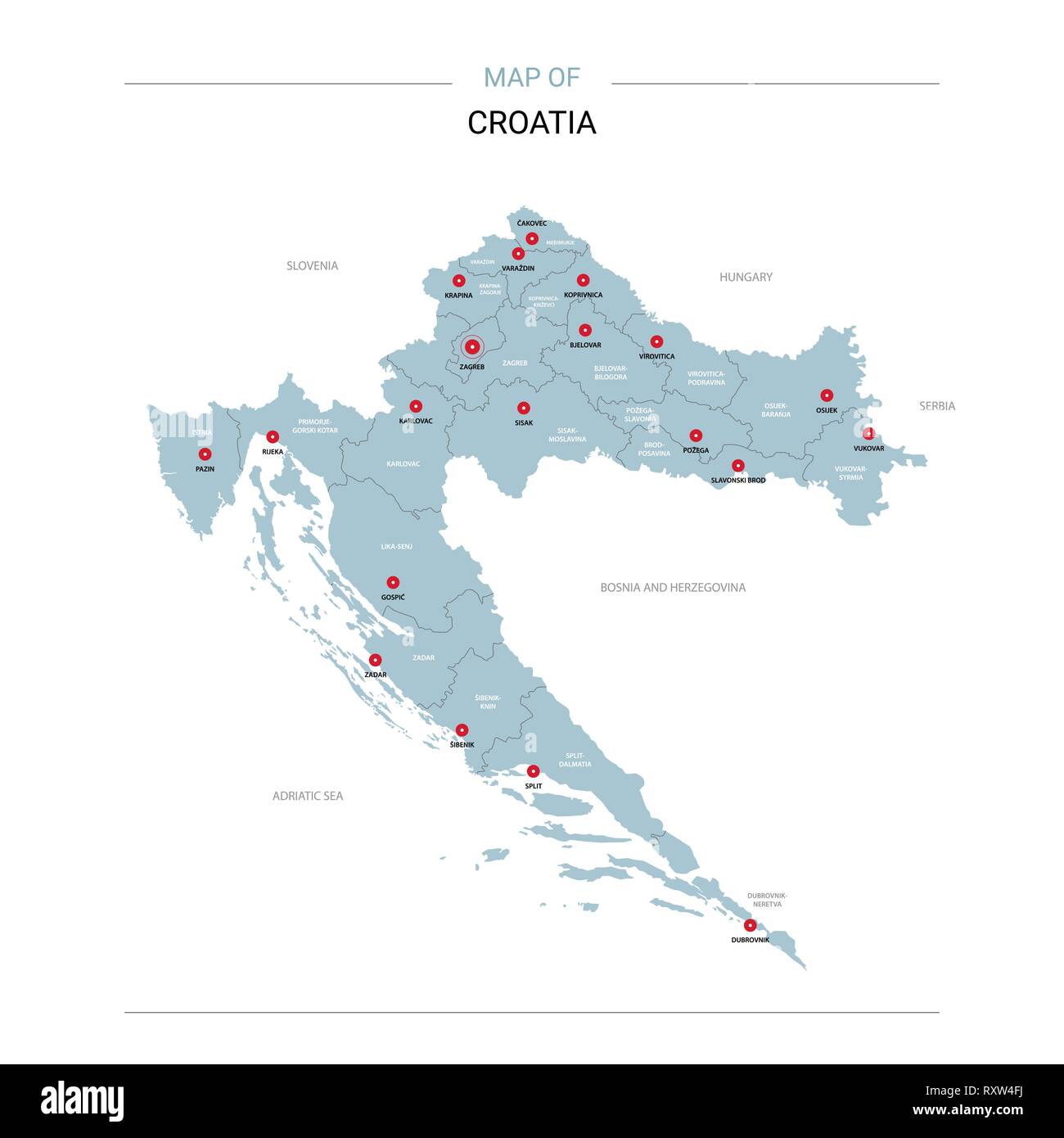 Croatia vector map Editable template - Croatia Vector Map Editable Template With Regions Cities Red Pins And Blue Surface On White Background RXW4FJ