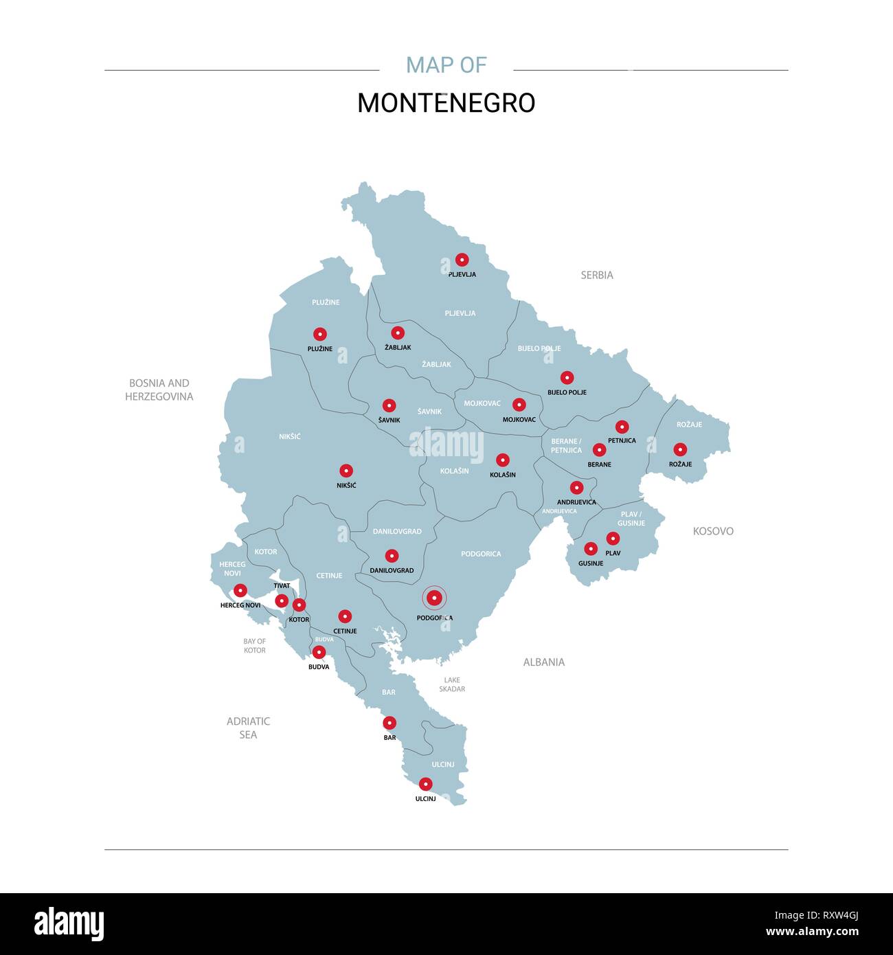 Montenegro vector map Editable - Montenegro Vector Map Editable Template With Regions Cities Red Pins And Blue Surface On White Background RXW4GJ 