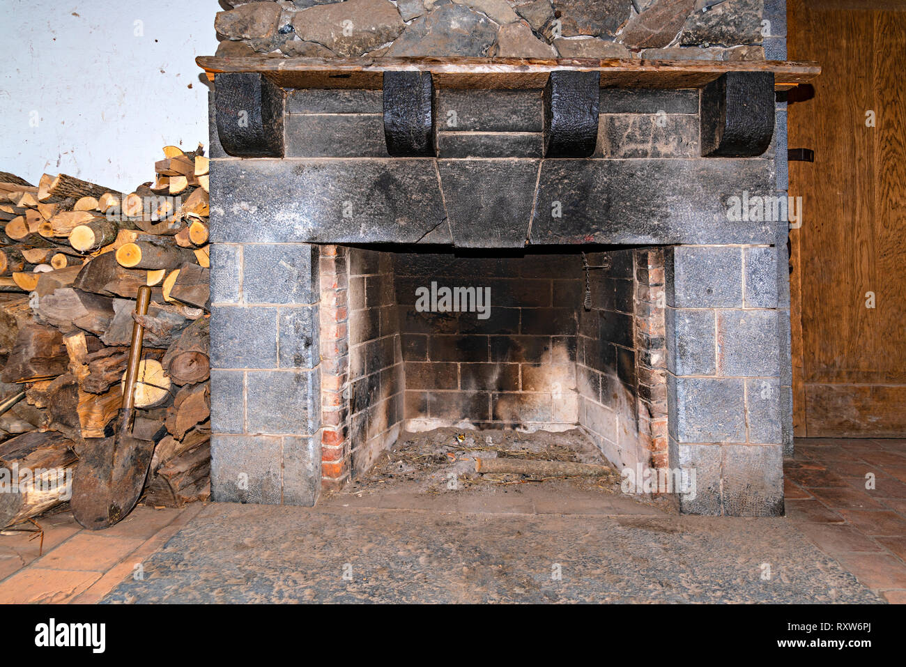 Fireplace, Wood & Shovel Stock Photo Alamy