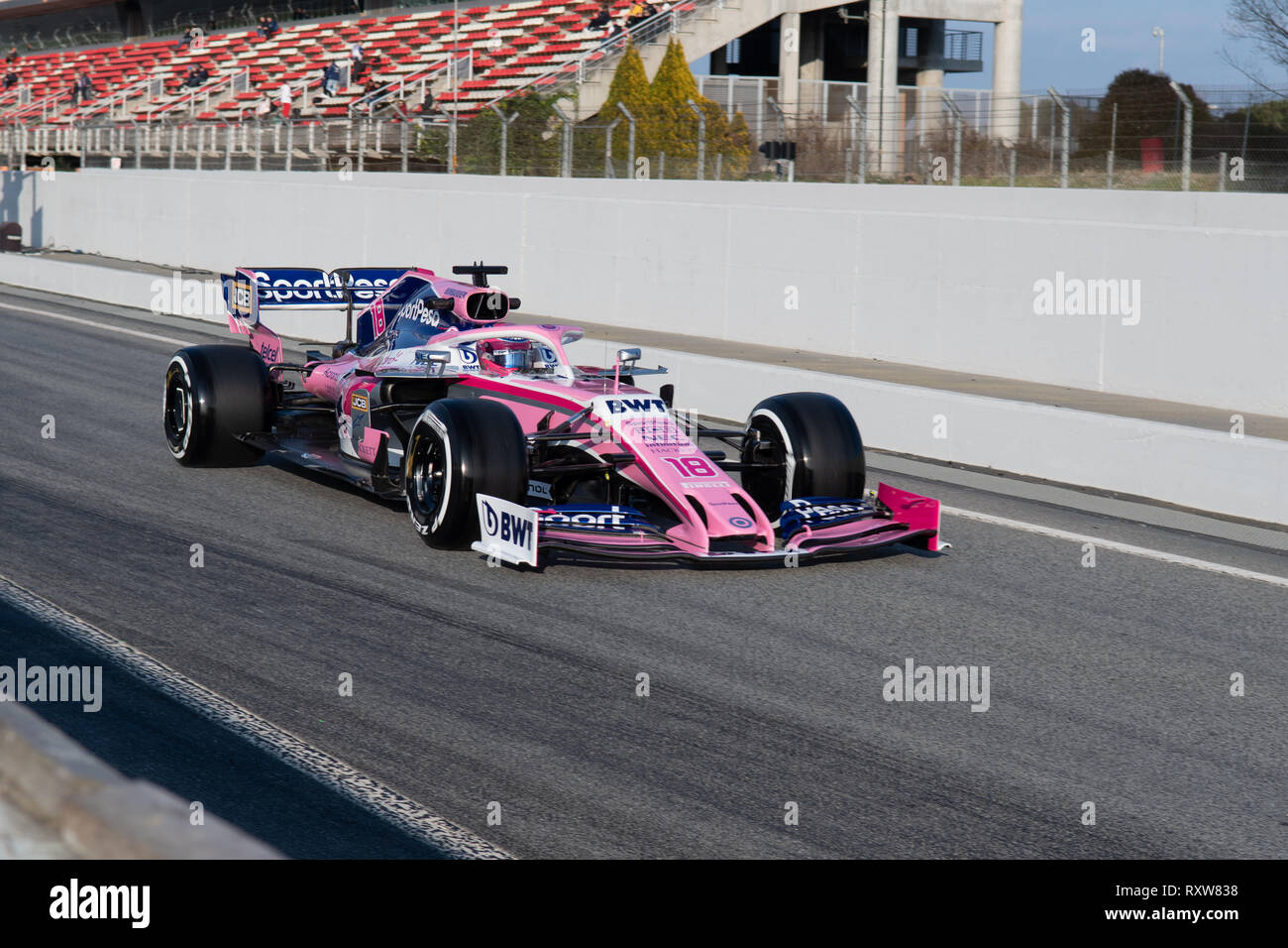 Barcelona, Spain. 19th February, 2019 - Lance Stroll from Canada with 18 SportPesa Racing Point F1 Team during day two of F1 Winter Testing. Stock Photo