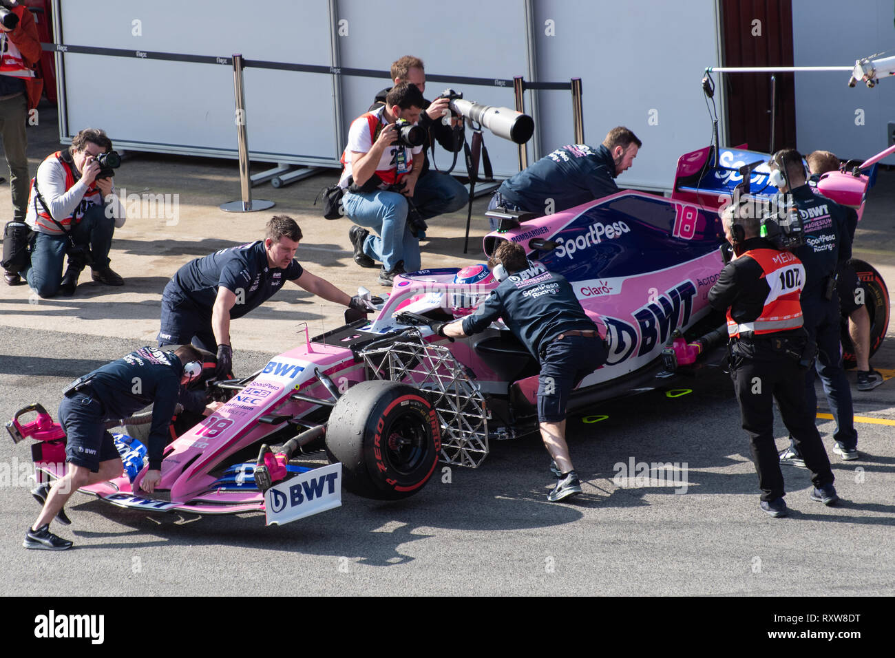 Barcelona, Spain. 19th February, 2019 - Lance Stroll from Canada with 18 SportPesa Racing Point F1 Team during day two of F1 Winter Testing. Stock Photo
