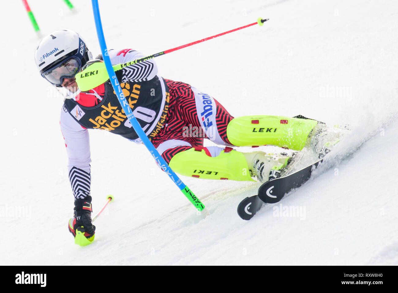 Albert Popov of Bulgaria in action during the Slalom race at the Audi FIS Ski World Cup Vitranc on March 10, 2019 in Kranjska Gora, Slovenia. (Photo by Rok Rakun / Pacific Press) Stock Photo