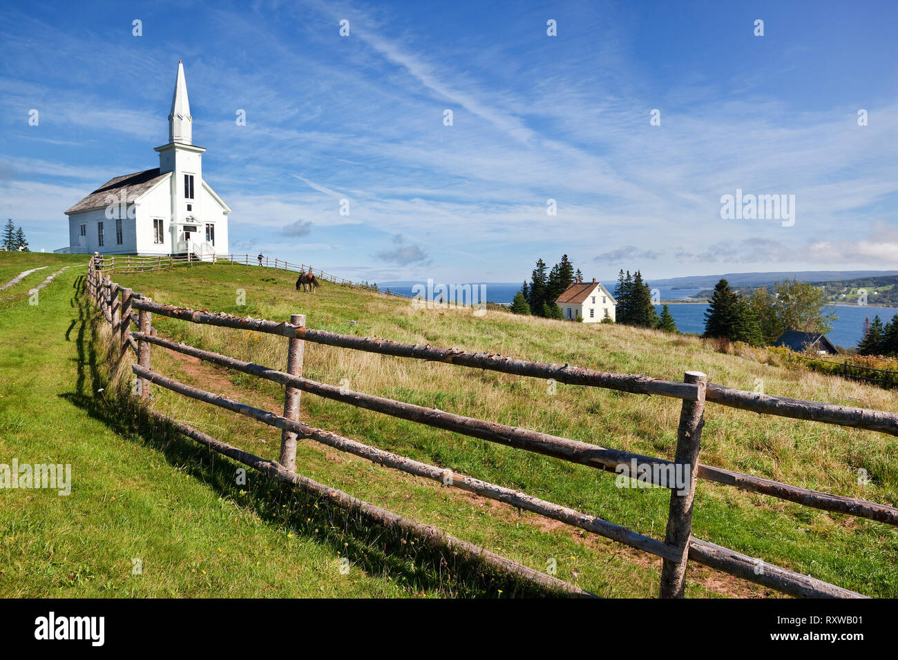 Church originally built in Malagawatch, Nova Scotia, in 1874 and transported to the Highland Village Museum in 2003 to be part of the open air museum's attractions, Iona, Nova Scotia, Canada Stock Photo