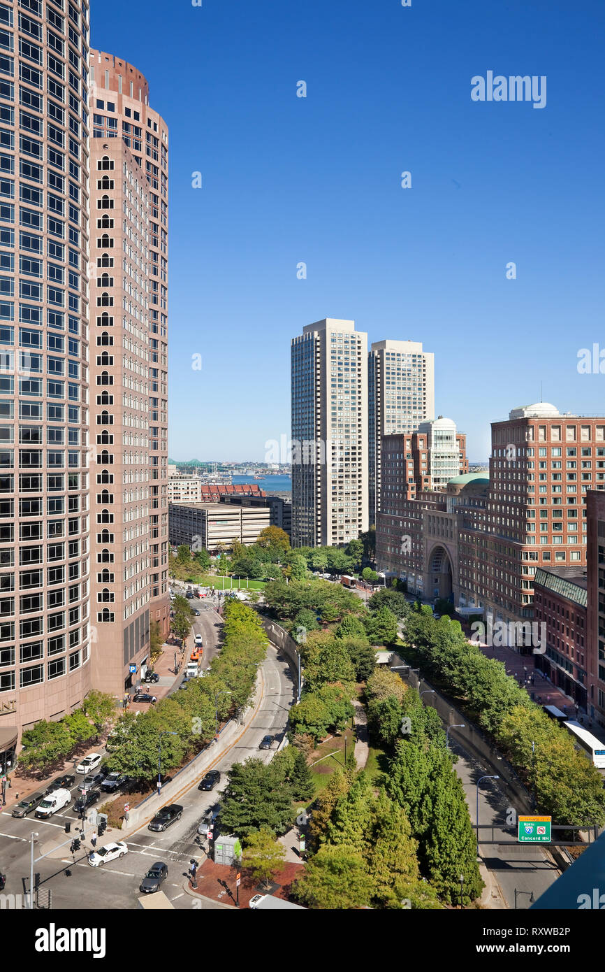 Rose Kennedy Greenway as seen from the roof of the Independence Wharf Building, To the right is the Boston Harbor Hotel and to the left are towers One and Two of International Place, Boston, Massachusetts, USA, Two of Intenational Place. Boston, Massachusetts, USA Stock Photo
