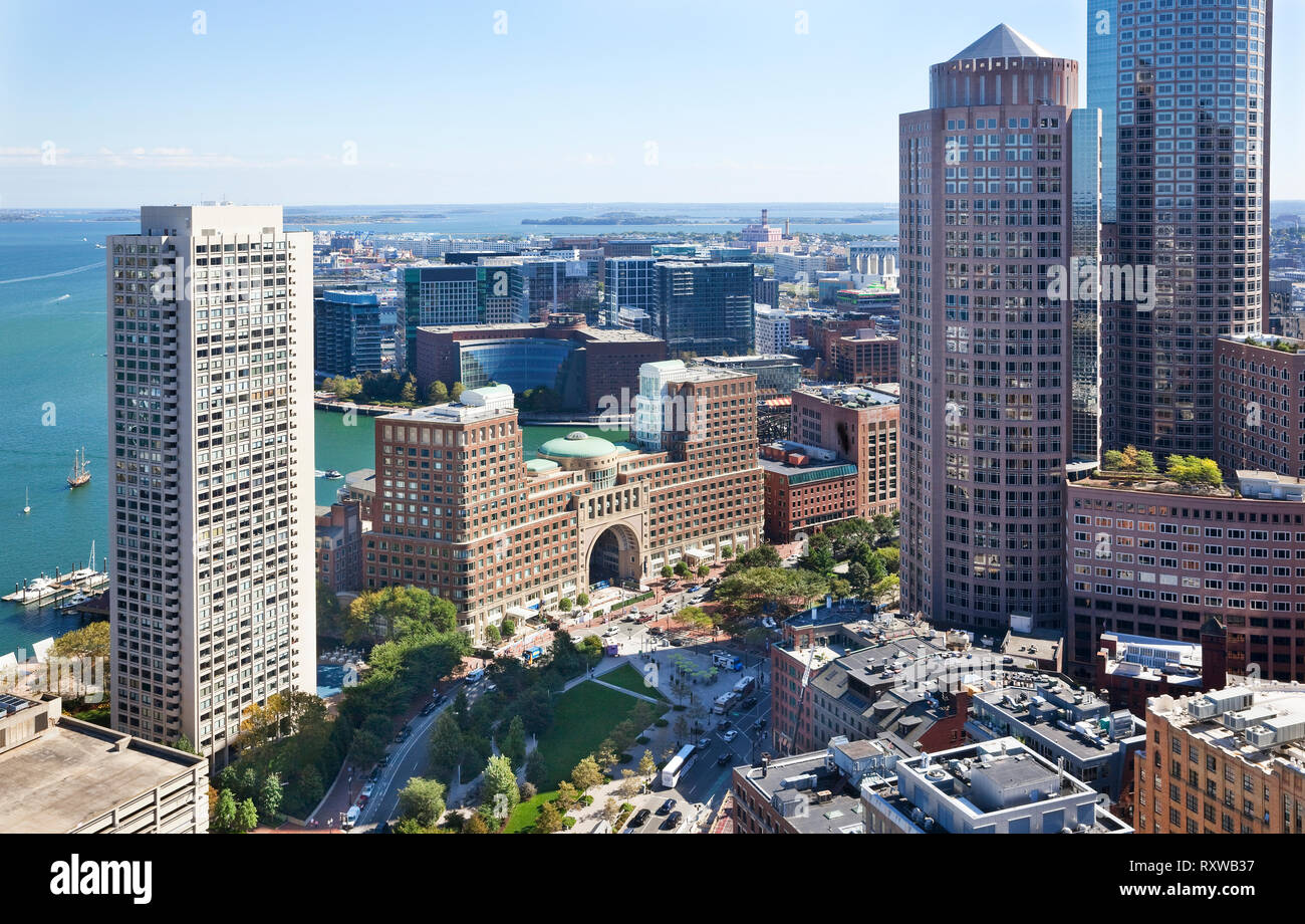 View from the top of the Customs House Tower of the Boston Harbor and numerous highrises along its shoreline, Boston, Massachusetts, USA Stock Photo