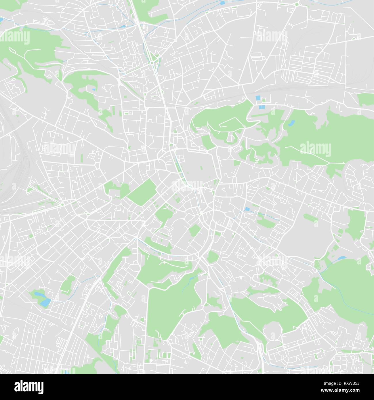 Downtown vector map of Lviv, Ukraine. This printable map of Lviv contains lines and classic colored shapes for land mass, parks, water, major and mino Stock Vector