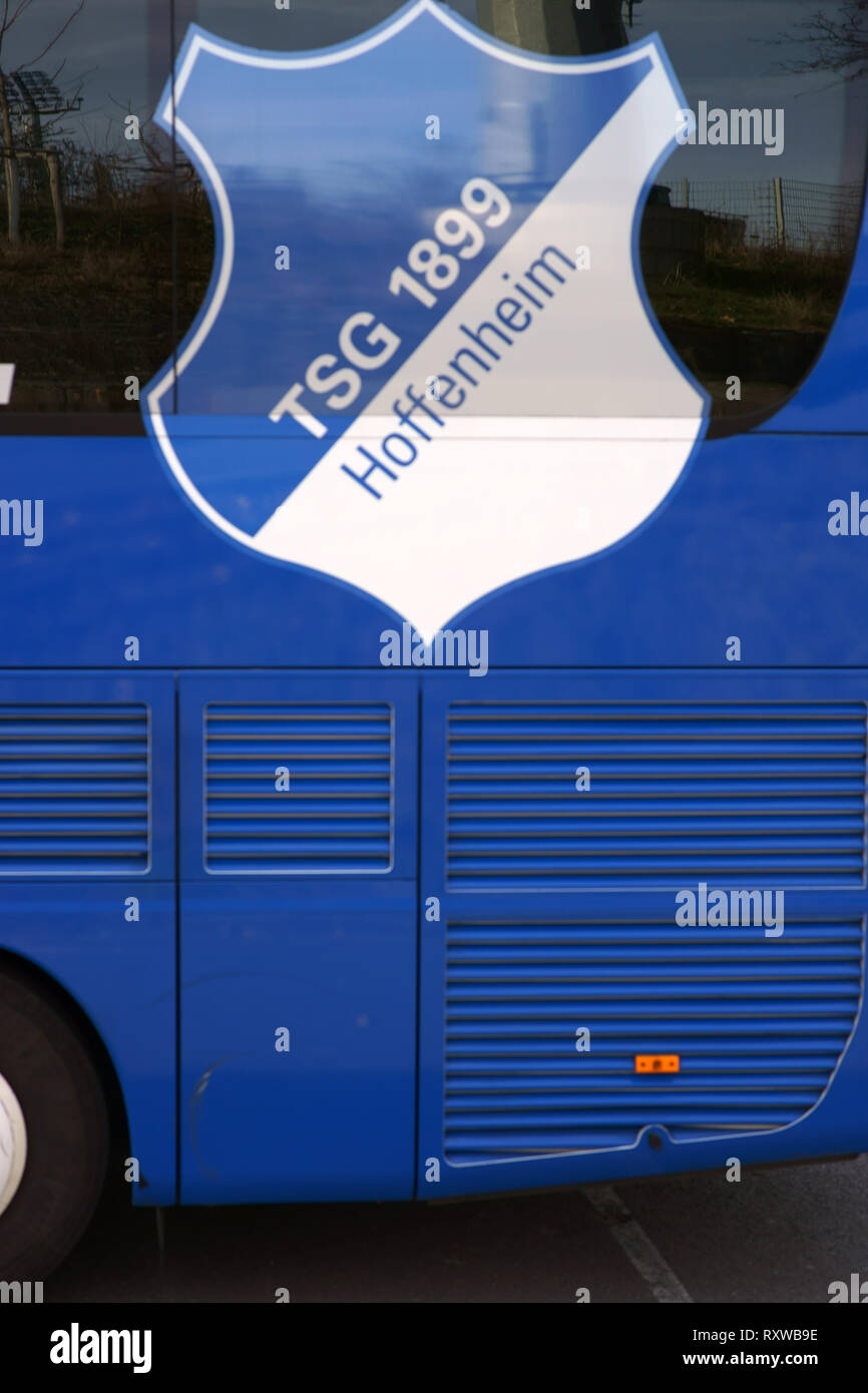 Frankfurt, Germany - February 23, 2019: The coat of arms of football club TSG 1899 Hoffenheim on the team bus in a game the Junior Division on Februar Stock Photo