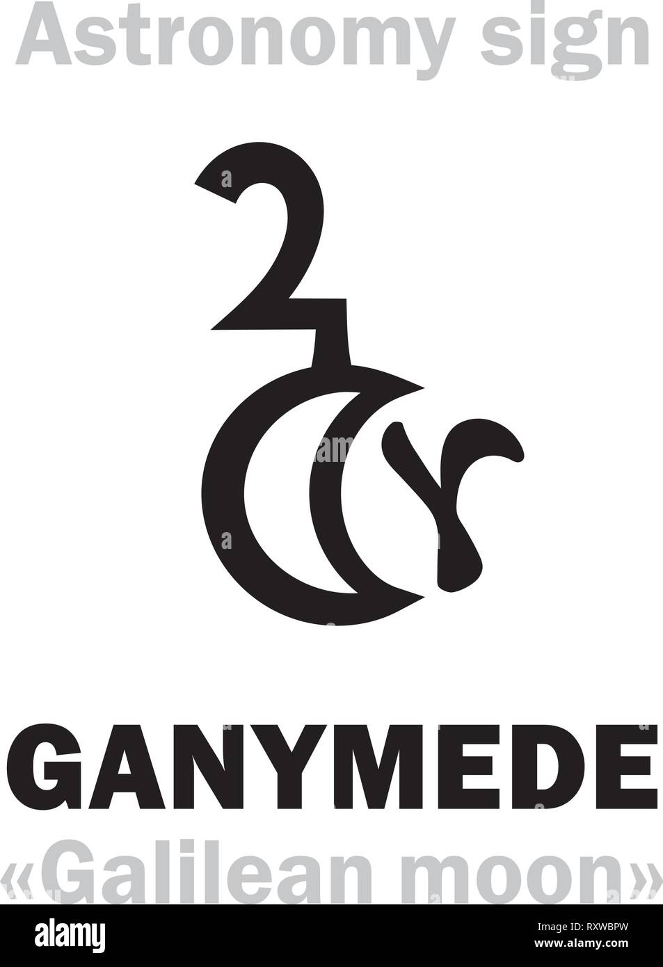 Astrology Alphabet: GANYMEDE («Galilean moon III»), one of the four large satellites of Jupiter. Hieroglyphic character sign (astronomical symbol). Stock Vector