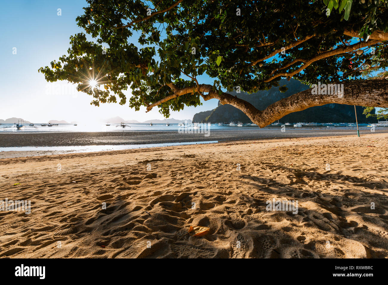 Local boat on the shore of El Nido beach in Palawan island, Philippines Stock Photo