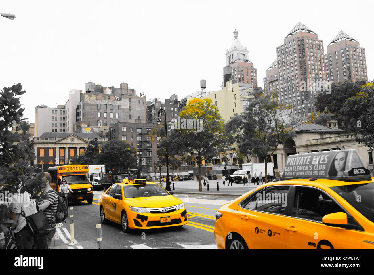 new york city - union square yellow taxi cabs Stock Photo