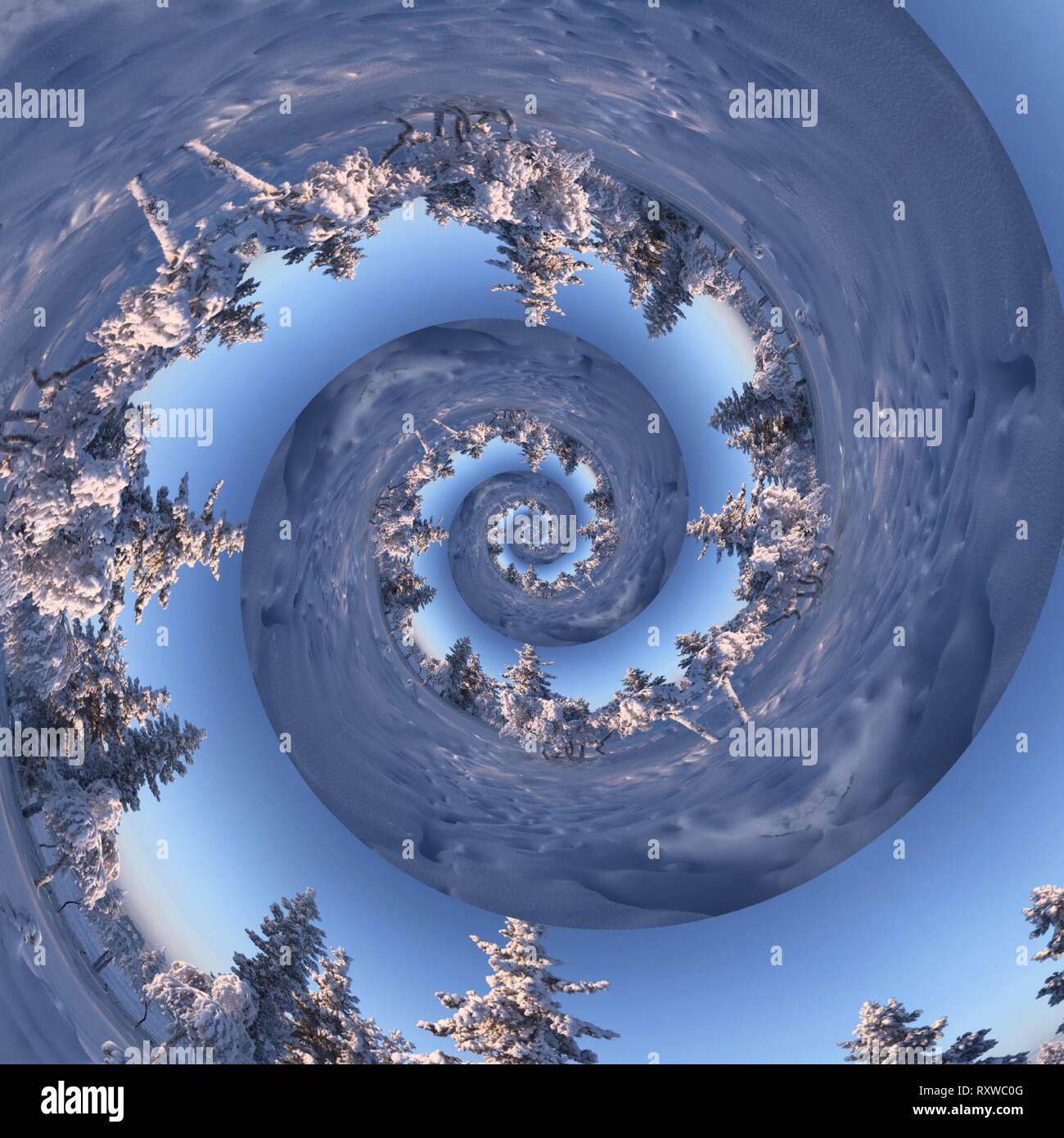 Fairy Tale Saariselka, Finland, with a blue sky back drop with trees wrapped in white snow, spiralling into infinity. Vector with blue color variation Stock Vector