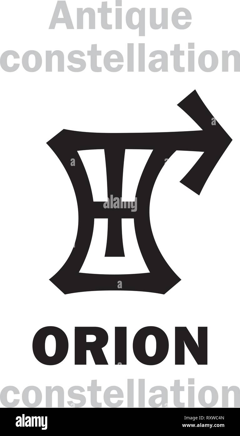 Astrology Alphabet: ORION (The Divine Hunter / The Giant Warrior), one of the three Ancient pre-historical Neolithic constellations. Hieroglyph sign. Stock Vector