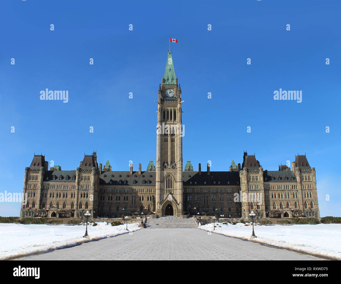 Parliament of Canada in the Canadian capital city of Ottawa Ontario as an historic building with a front view of the peace tower. Stock Photo