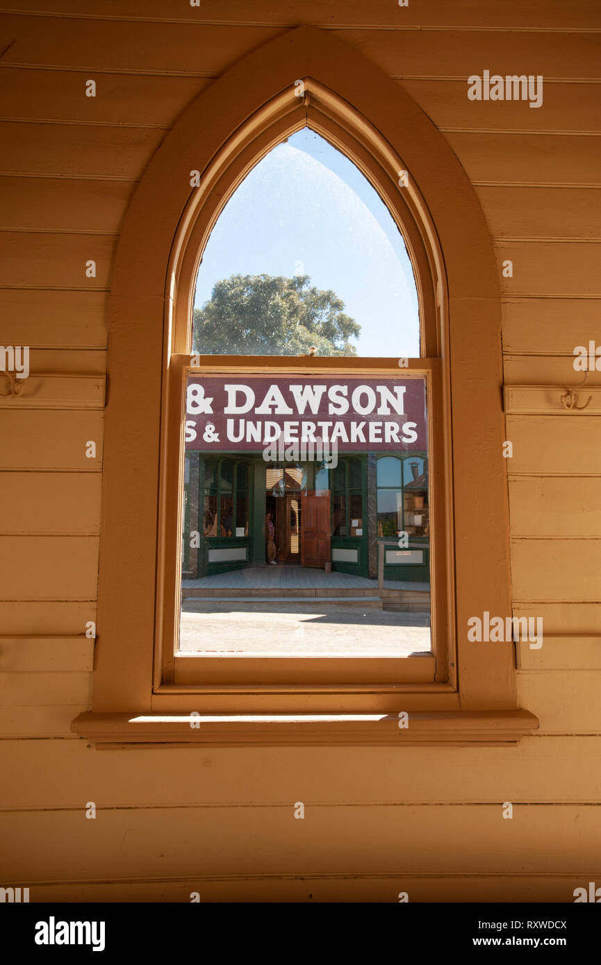 Church window, Sovereign Hill, Victoria, Australia Stock Photo