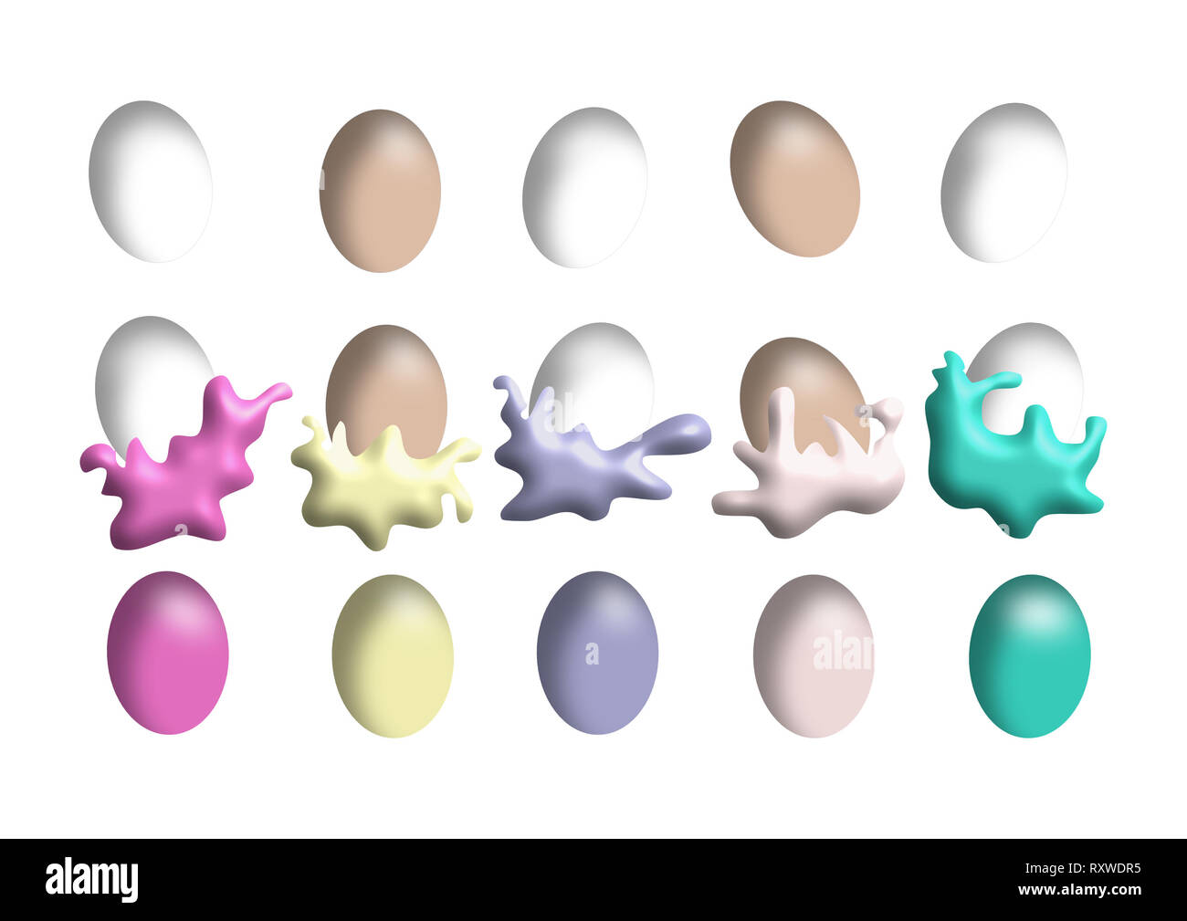 Colorful easter eggs, brown and white eggs drop into liquid colors, turn into colorful easter