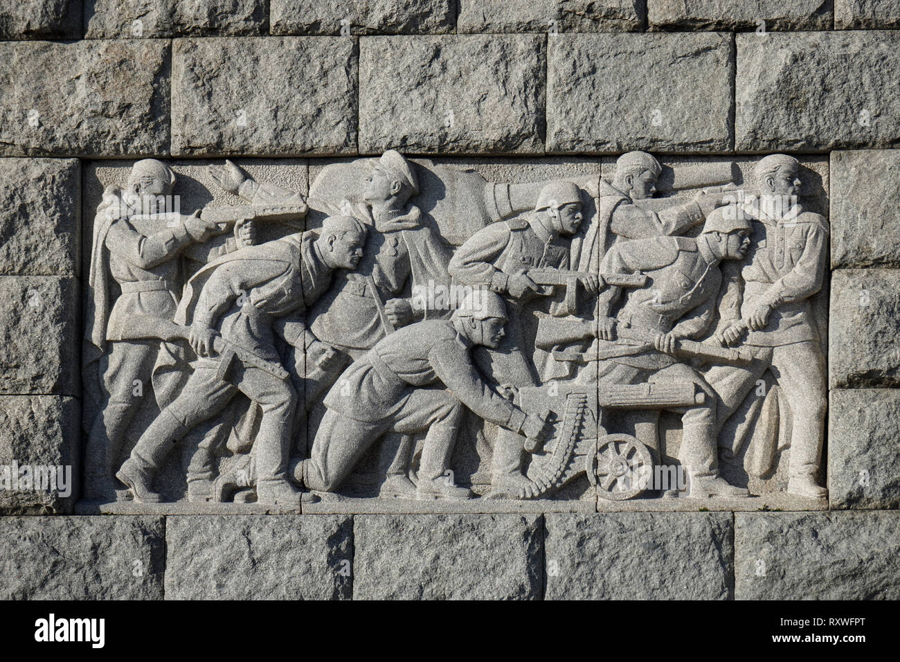 Detail of a bas-relief dedicated to the Russian Red Army in Plovdiv, depicting the advancing soldiers. 'Alyosha' Monument Stock Photo