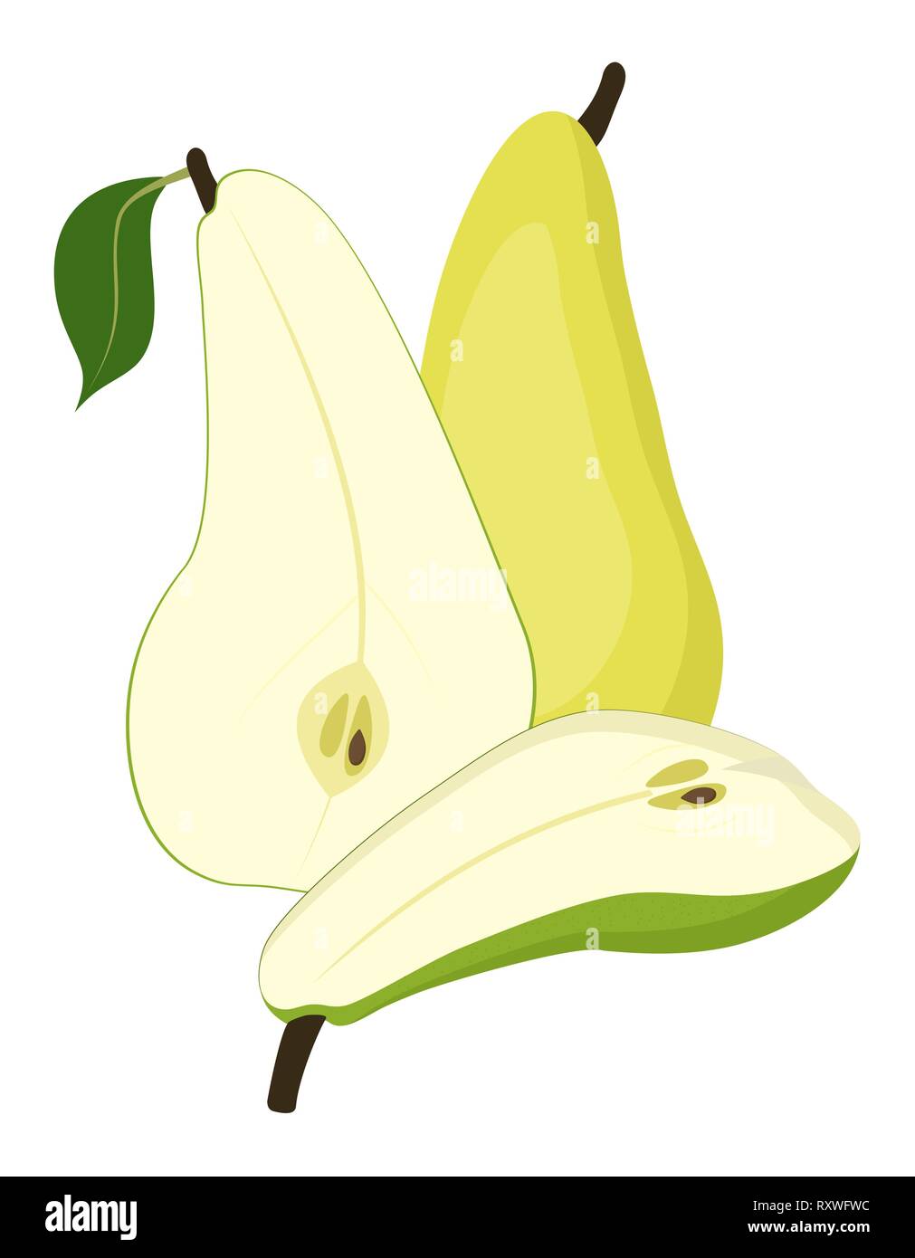 Pears. One and a half green pear fruit isolated on white background ...