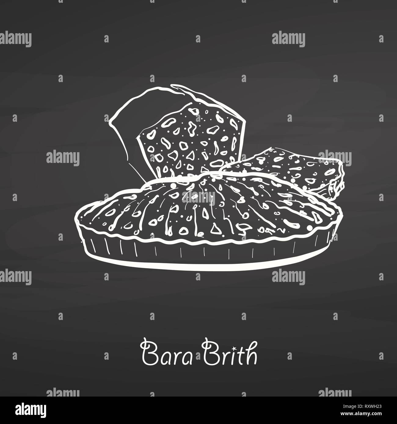 Bara Brith food sketch on chalkboard. Vector drawing of Fruit bread, usually known in United Kingdom, Wales. Food illustration series. Stock Vector