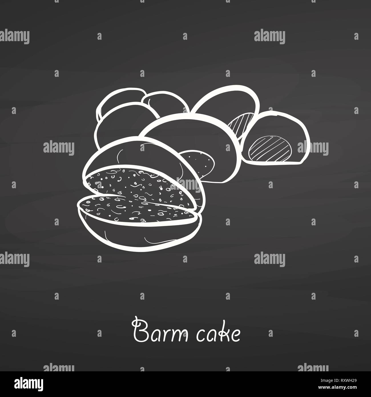 Barm cake food sketch on chalkboard. Vector drawing of Yeast bread, usually known in Lancashire. Food illustration series. Stock Vector