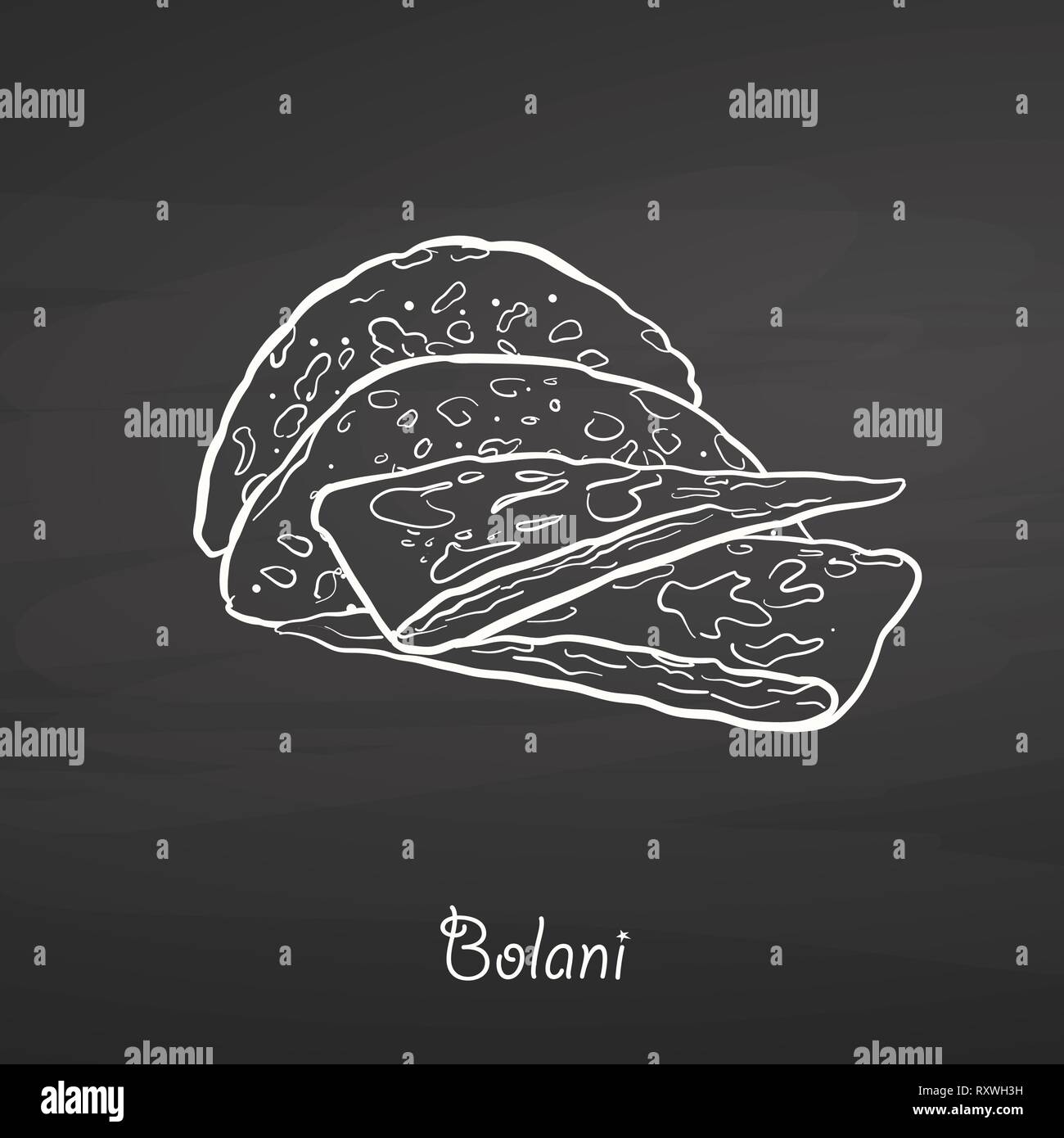 Bolani food sketch on chalkboard. Vector drawing of Flatbread, usually known in Afghanistan. Food illustration series. Stock Vector