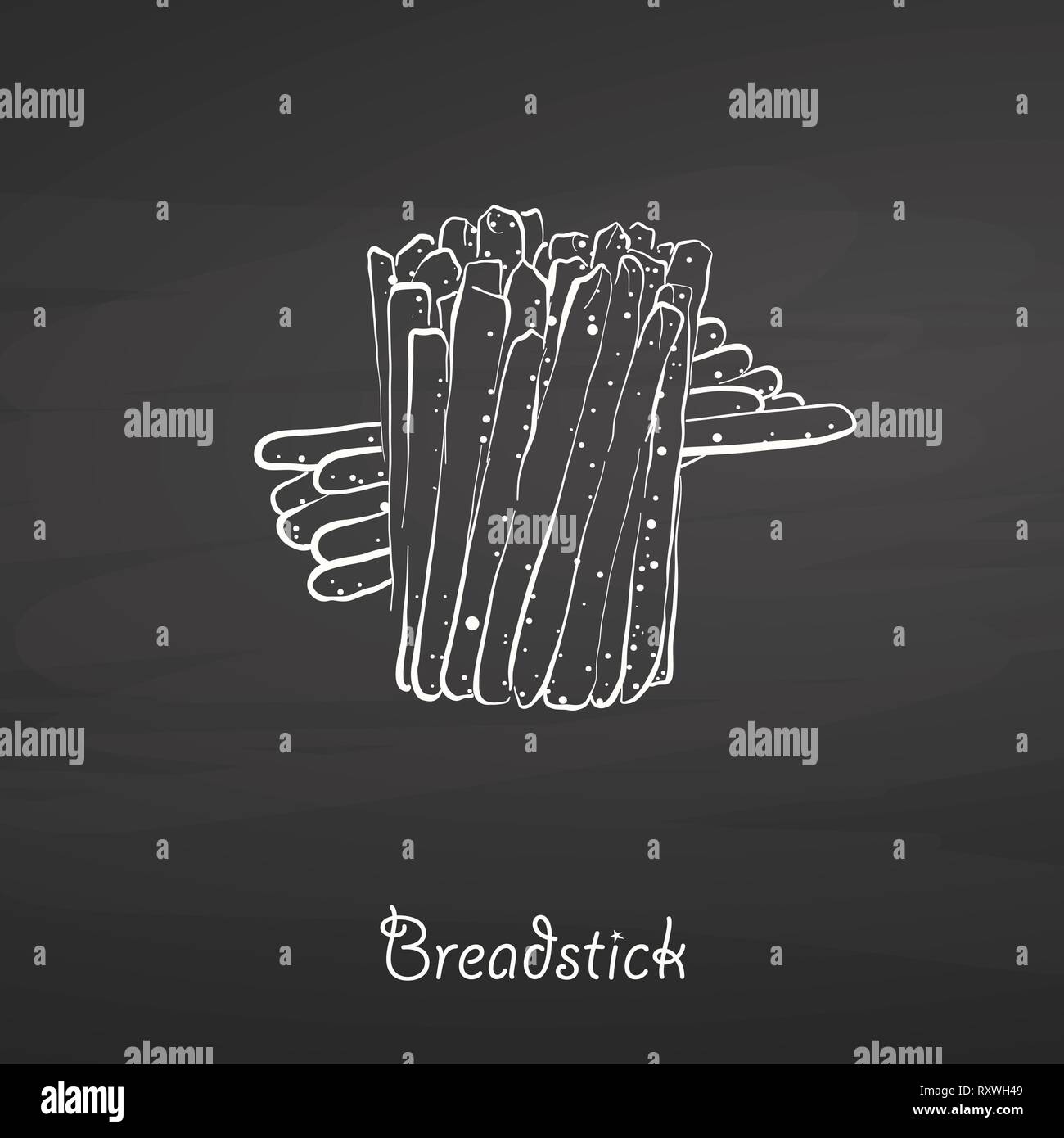 Breadstick food sketch on chalkboard. Vector drawing of Dry bread, usually known in Italy. Food illustration series. Stock Vector