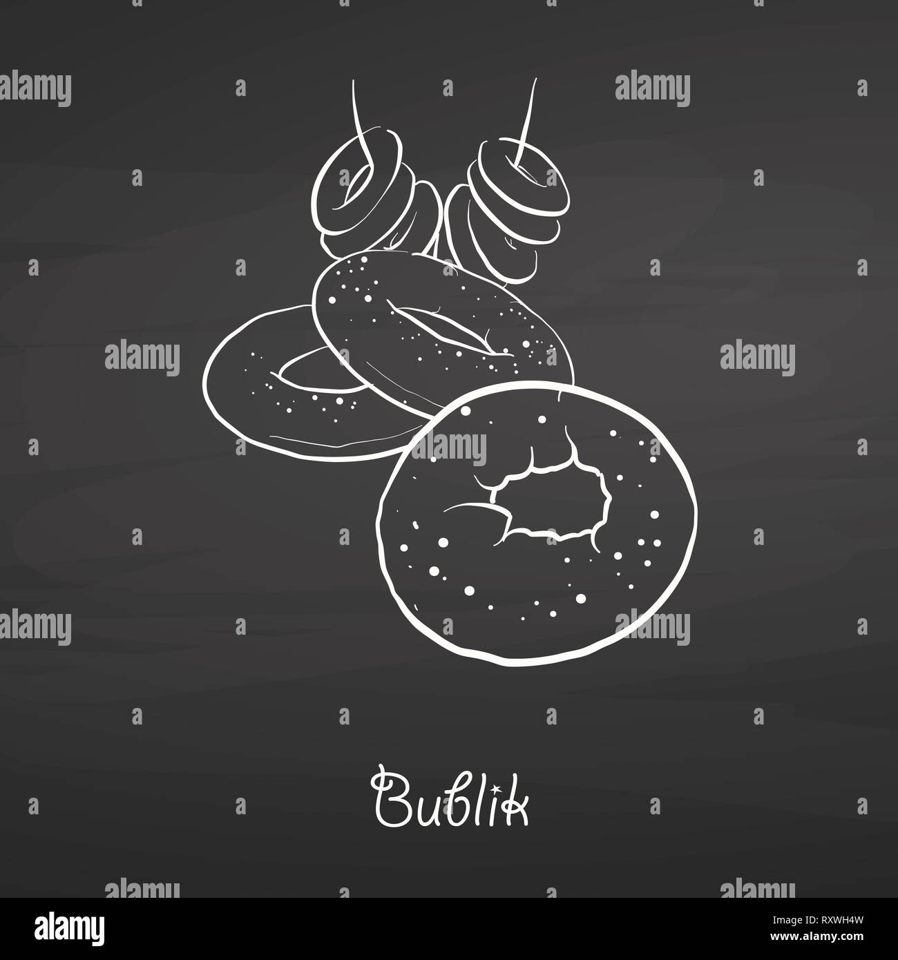Bublik food sketch on chalkboard. Vector drawing of Wheat bread, usually known in Poland. Food illustration series. Stock Vector