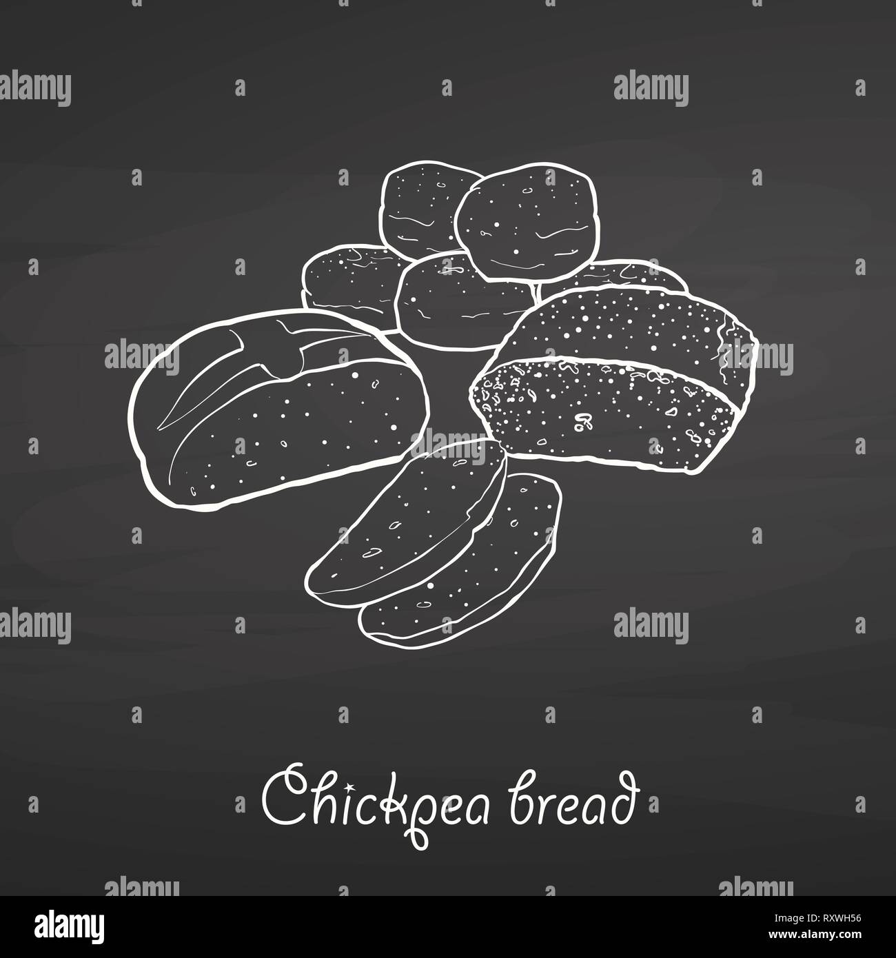 Chickpea bread food sketch on chalkboard. Vector drawing of Leavened, usually known in Albania and Turkey. Food illustration series. Stock Vector