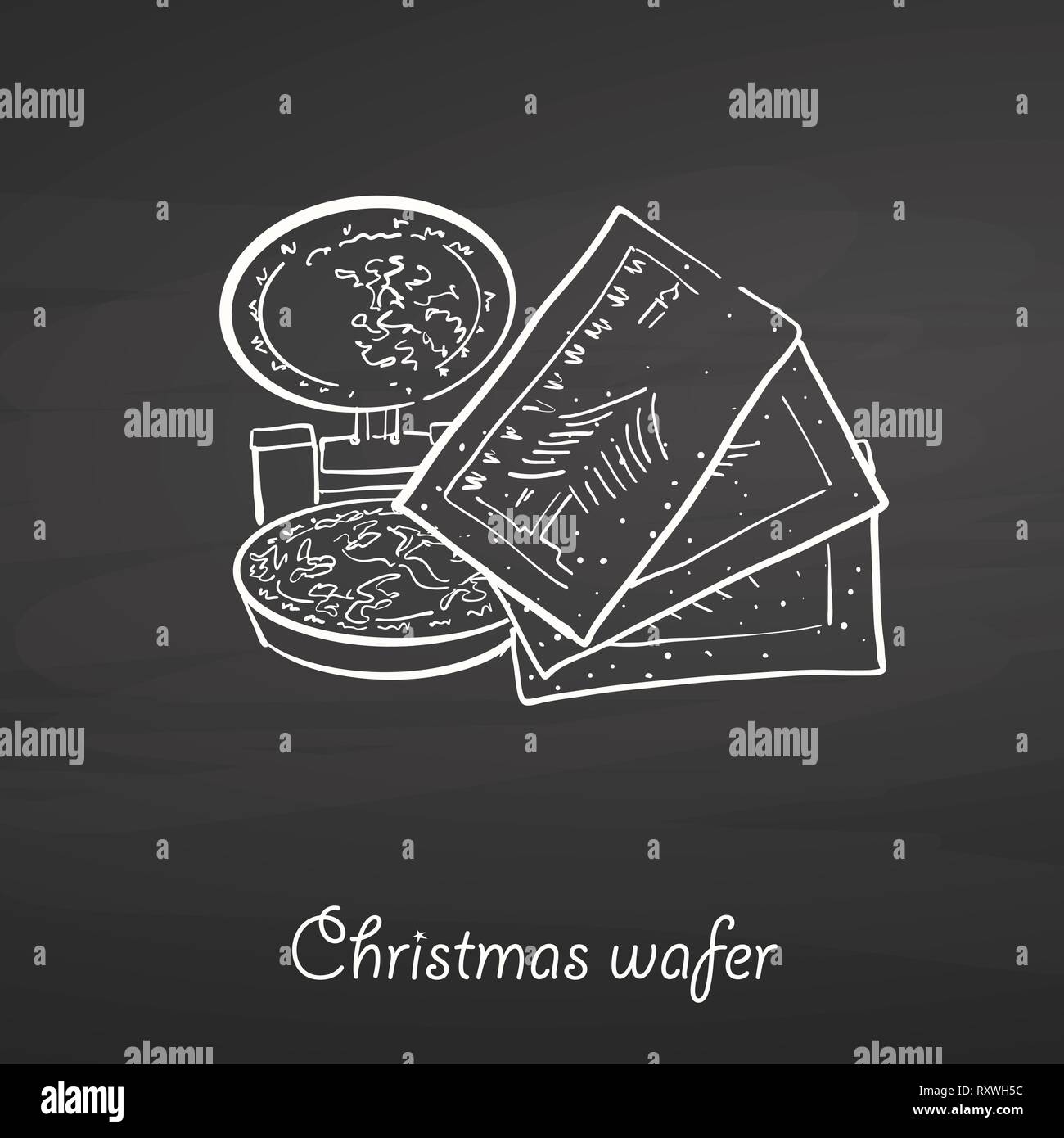 Christmas wafer food sketch on chalkboard. Vector drawing of Crispy bread, usually known in Eastern Europe. Food illustration series. Stock Vector