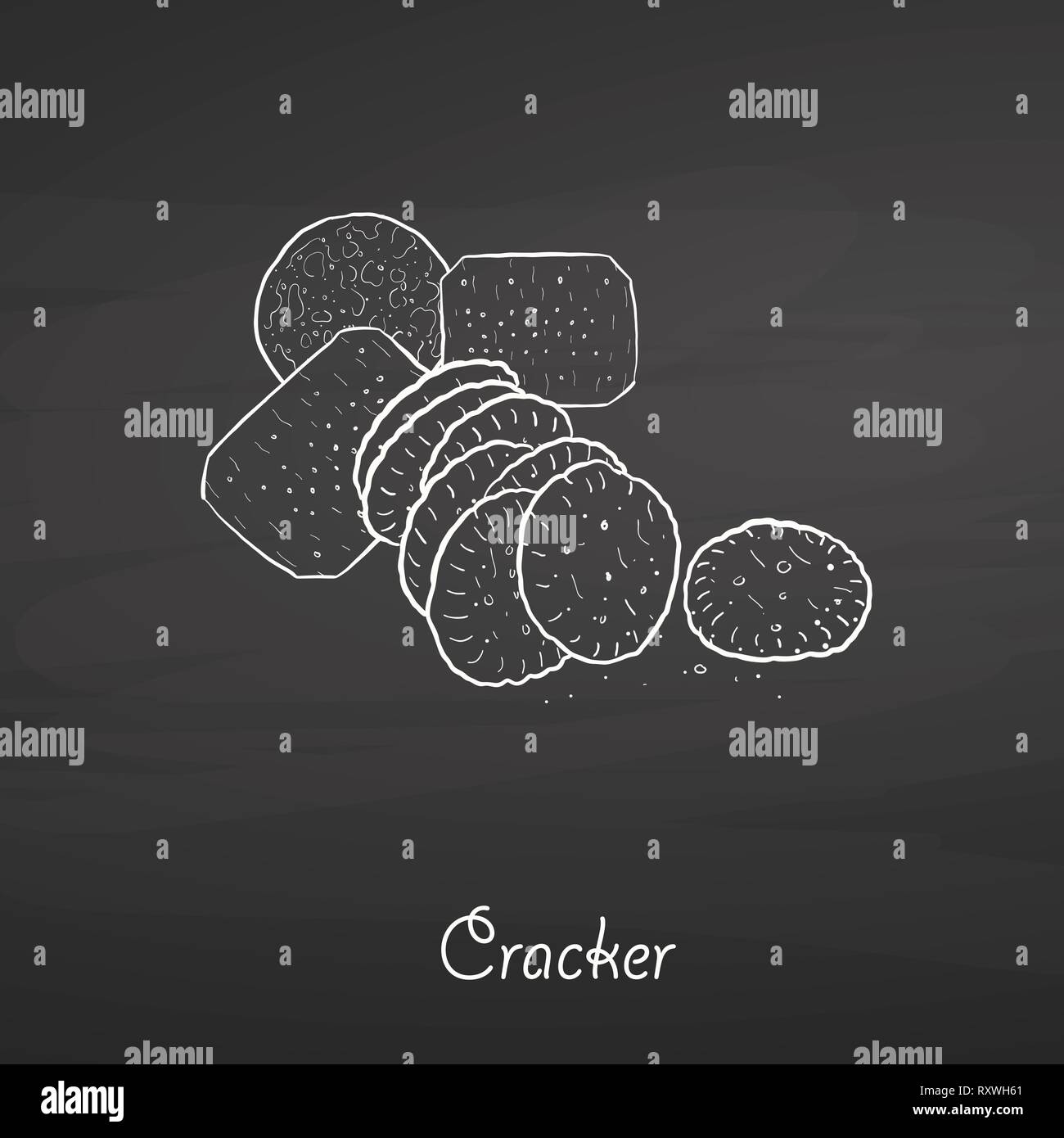 Cracker food sketch on chalkboard. Vector drawing of Crispy bread, usually known in International. Food illustration series. Stock Vector