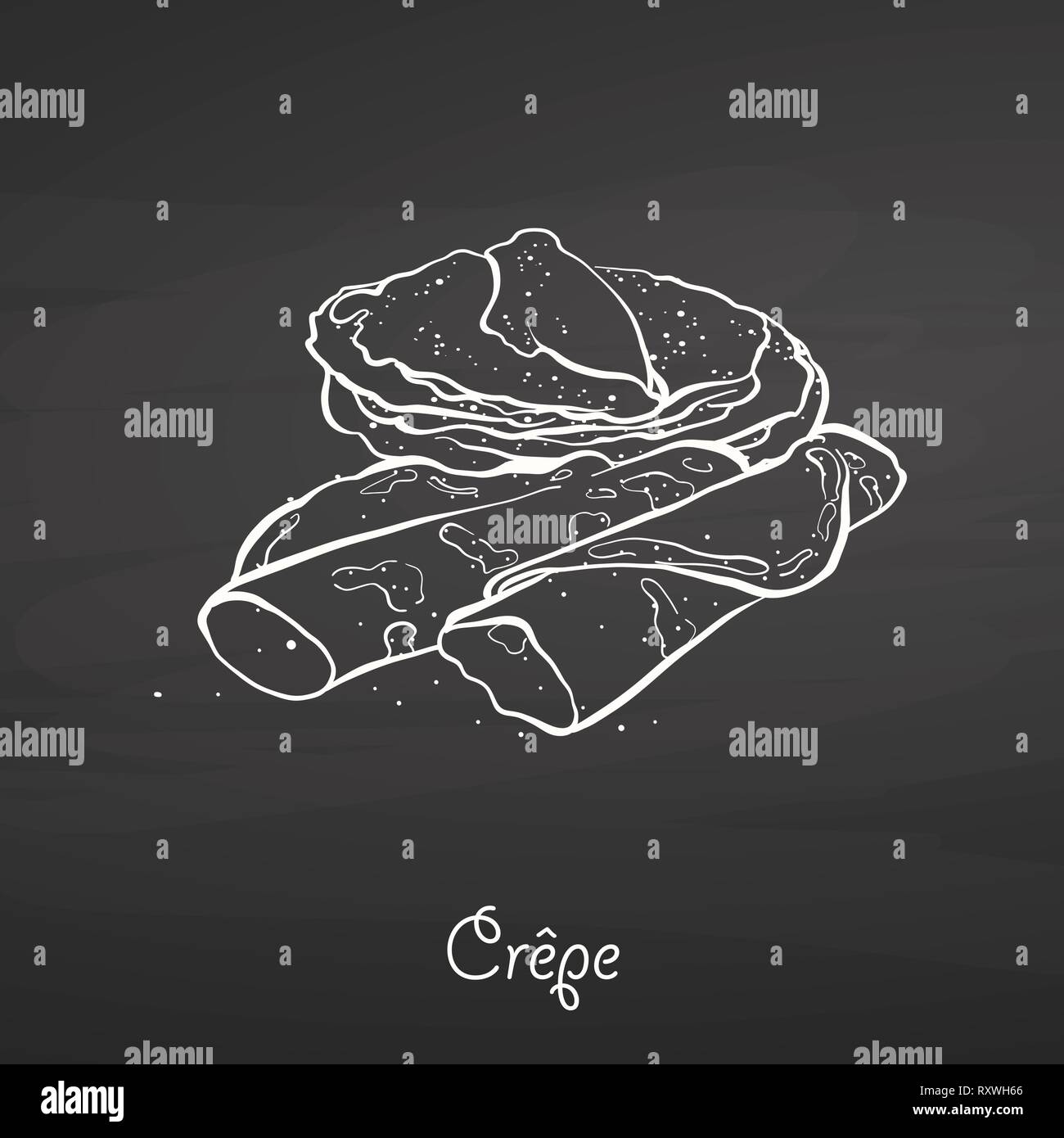 Crêpe food sketch on chalkboard. Vector drawing of Pancake, usually known in France. Food illustration series. Stock Vector