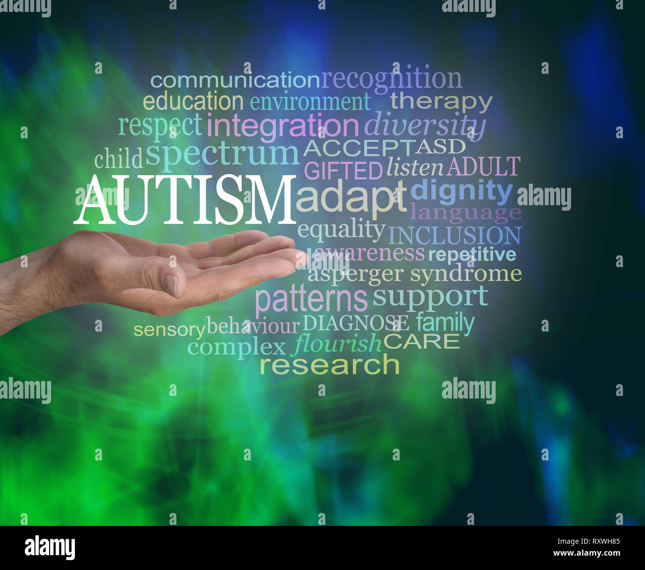 Modern Masculine Autism Spectrum Word Tag Cloud - male hand open palm with the word AUTISM floating above surrounded by a relevant word cloud Stock Photo